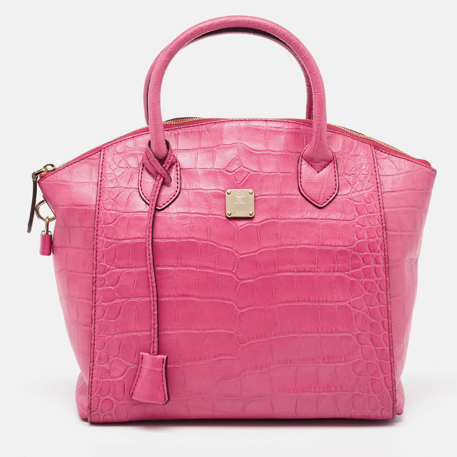 MCM Rosa Satchel aus Leder mit Krokodilprägung und Reißverschluss