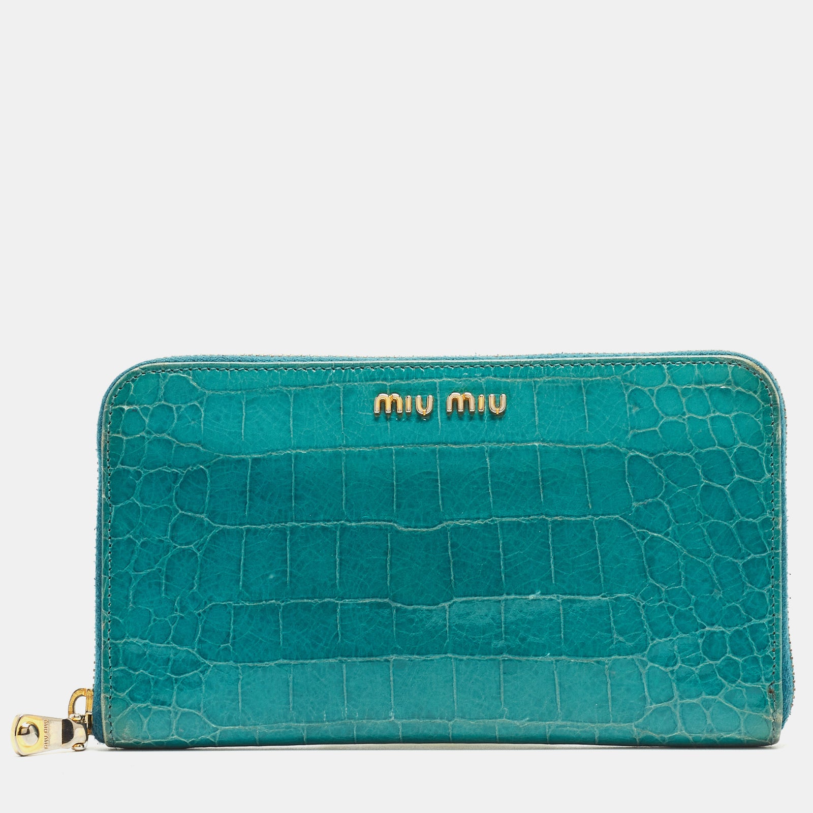 Miu Miu Green Croc Embossed Leather Zip Around Wallet