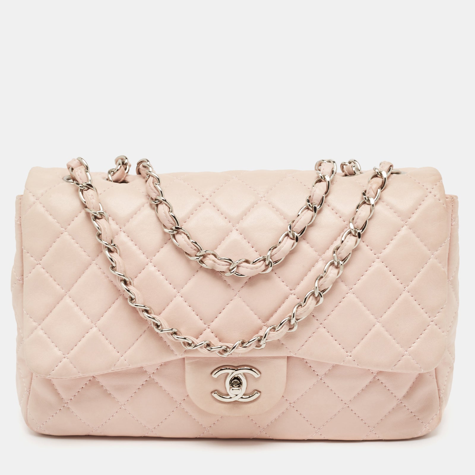 Chanel Klassische Jumbo-Tasche aus gestepptem Leder mit einzelner Klappe in Hellrosa