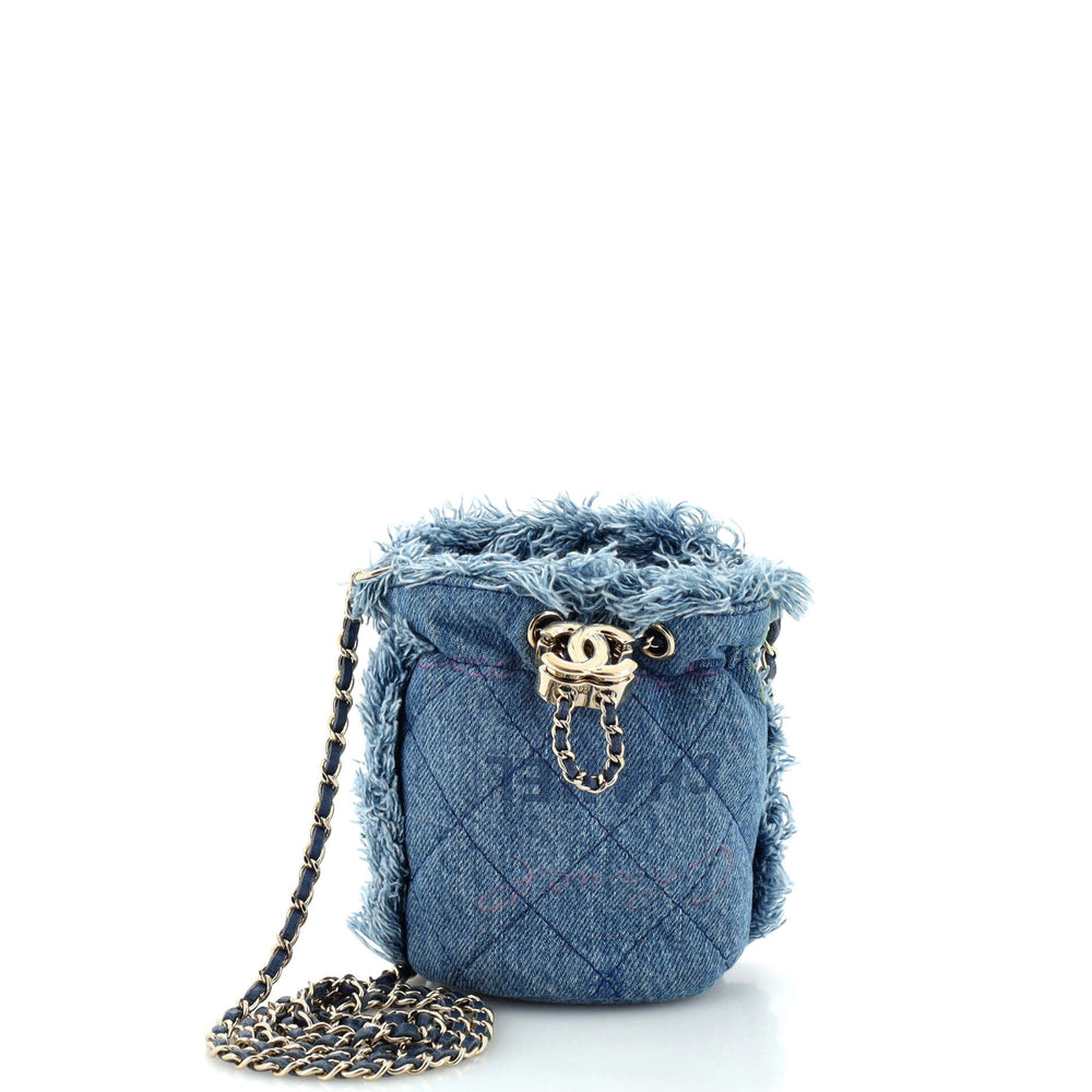 CHANEL Denim Mood Chain Bucket Bag Logo Printed Quilted Fringe Denim Mini