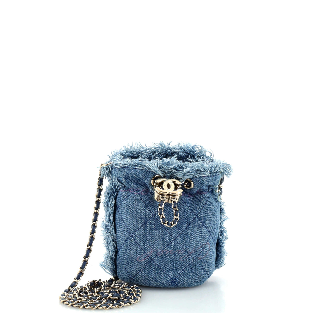Chanel CHANEL Denim Mood Chain Bucket Bag Logo Printed Quilted Fringe Denim Mini