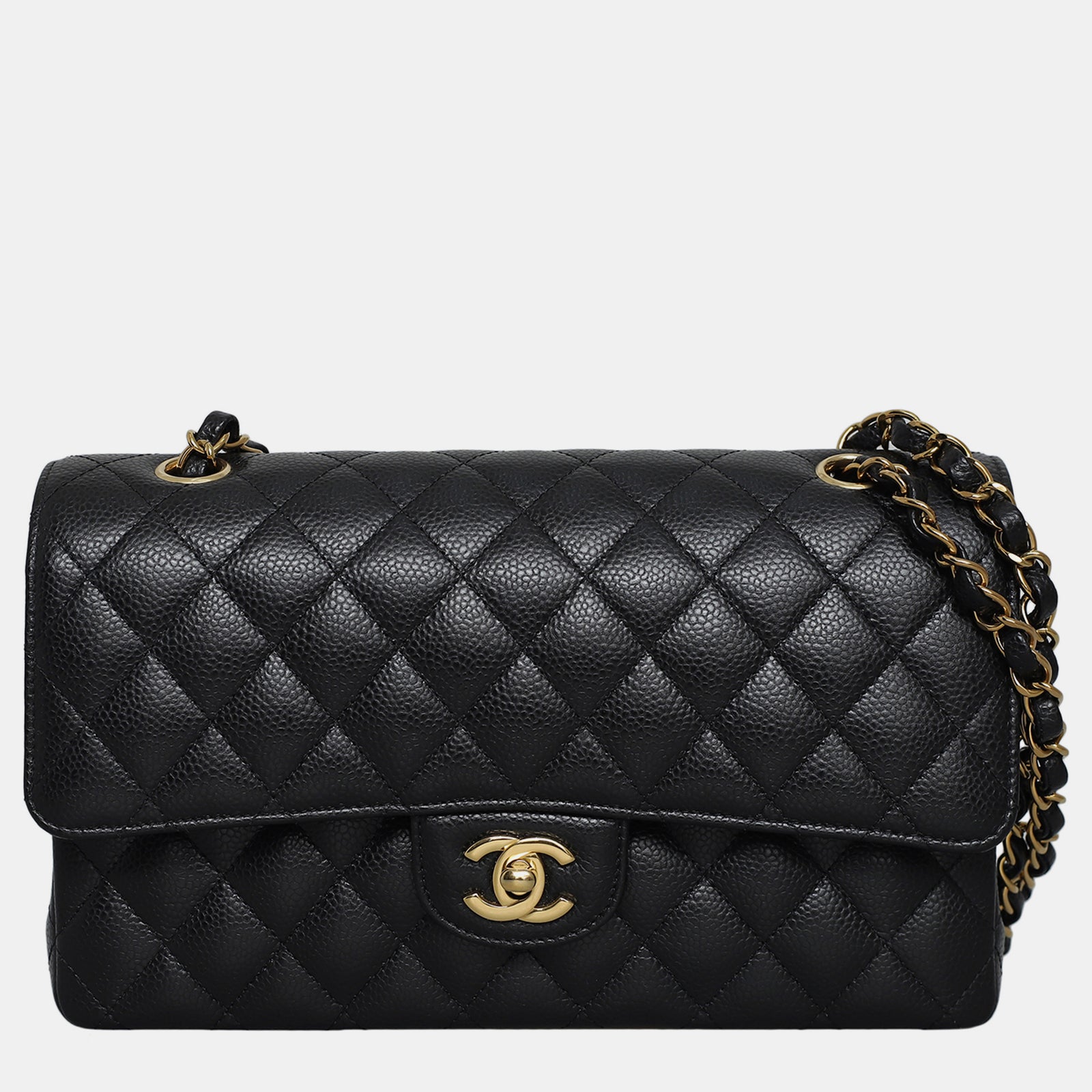 Chanel Schwarze, mittelgroße, klassische Caviar-Tasche mit Doppelklappe