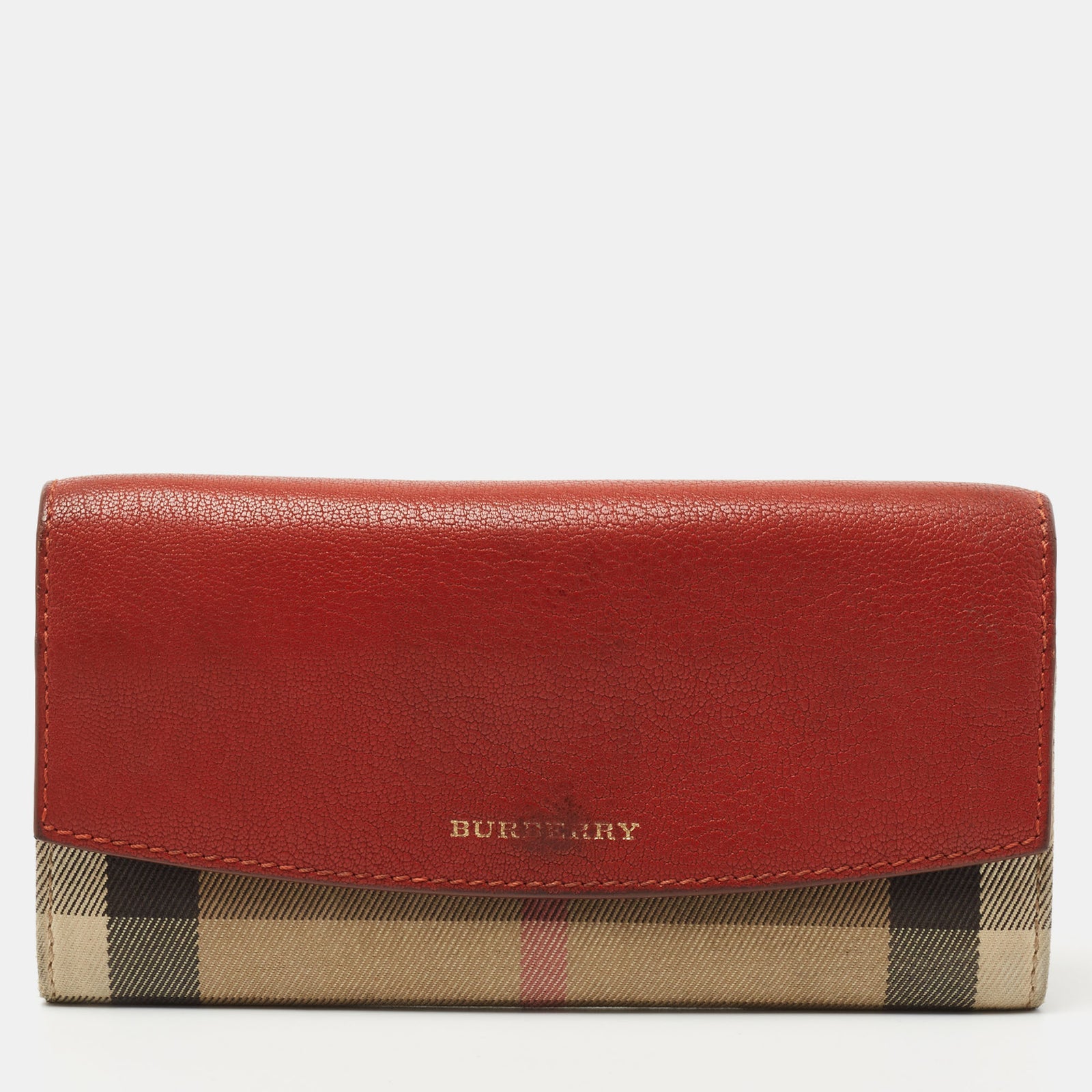 Burberry Brick Brown/Beige House Check Canvas and Leather Flap Continental Wallet