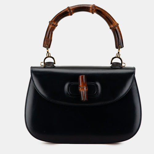 Black Calfskin Leather Bamboo Night Shoulder Bag