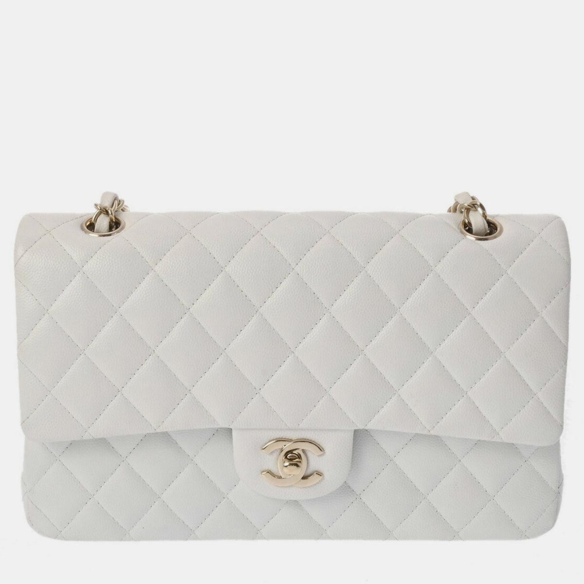 Chanel White Caviar Skin Matelasse Chain Shoulder Double Flap 25cm Bag
