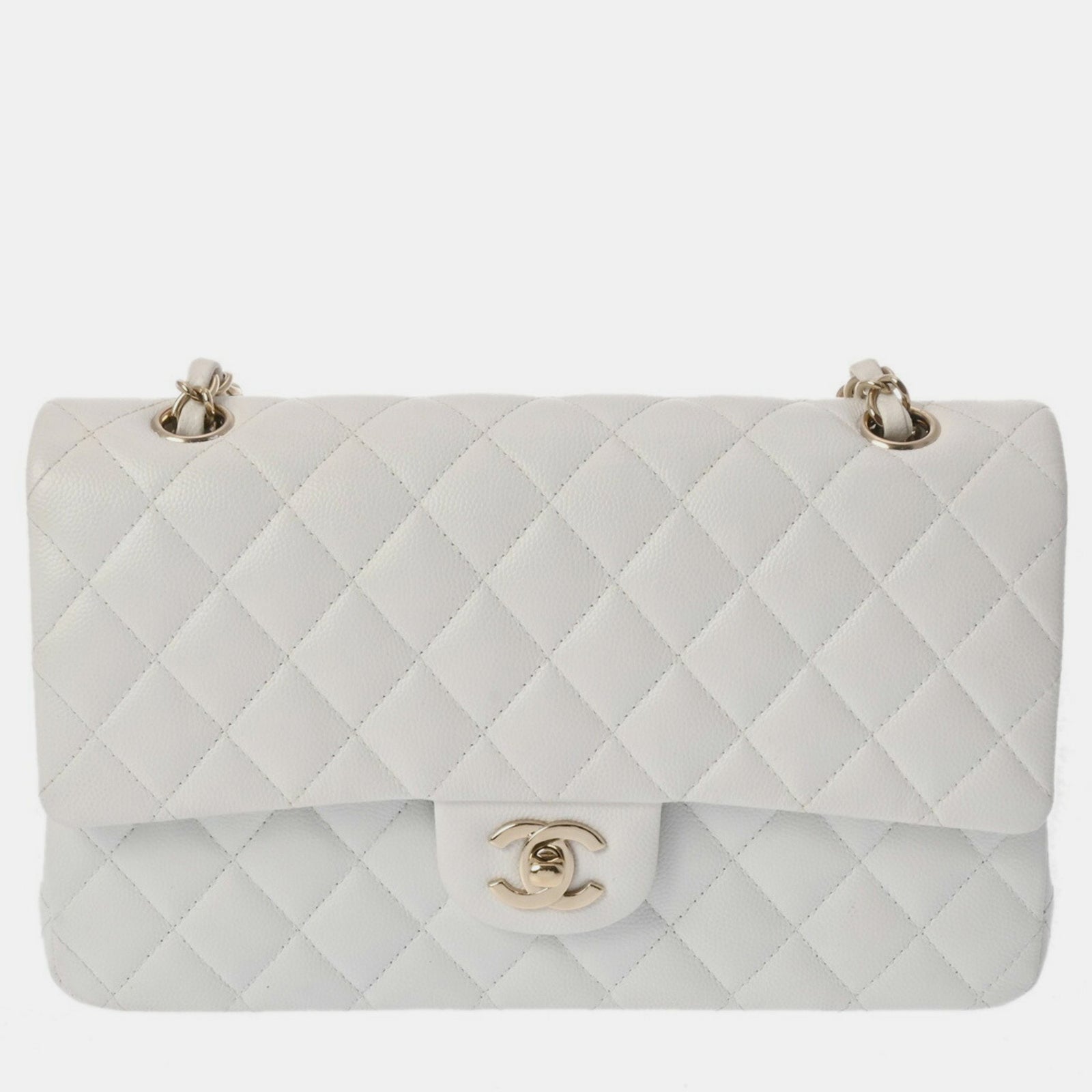 Chanel Weiße Matelassé-Schultertasche aus Kaviarhaut mit Kette und Doppelklappe, 25 cm