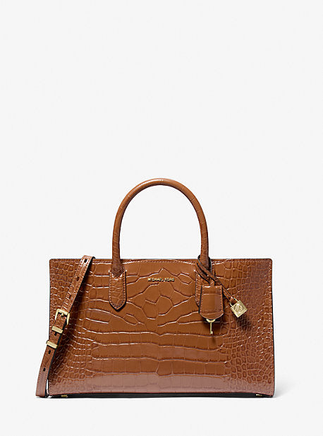 Michael Kors MK Scarlett Medium Crocodile Embossed Patent Leather Satchel - Brown - Michael Kors