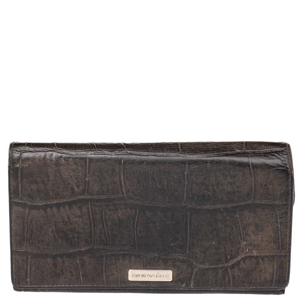 Emporio Armani Black Croc Embossed Leather Flap Wallet