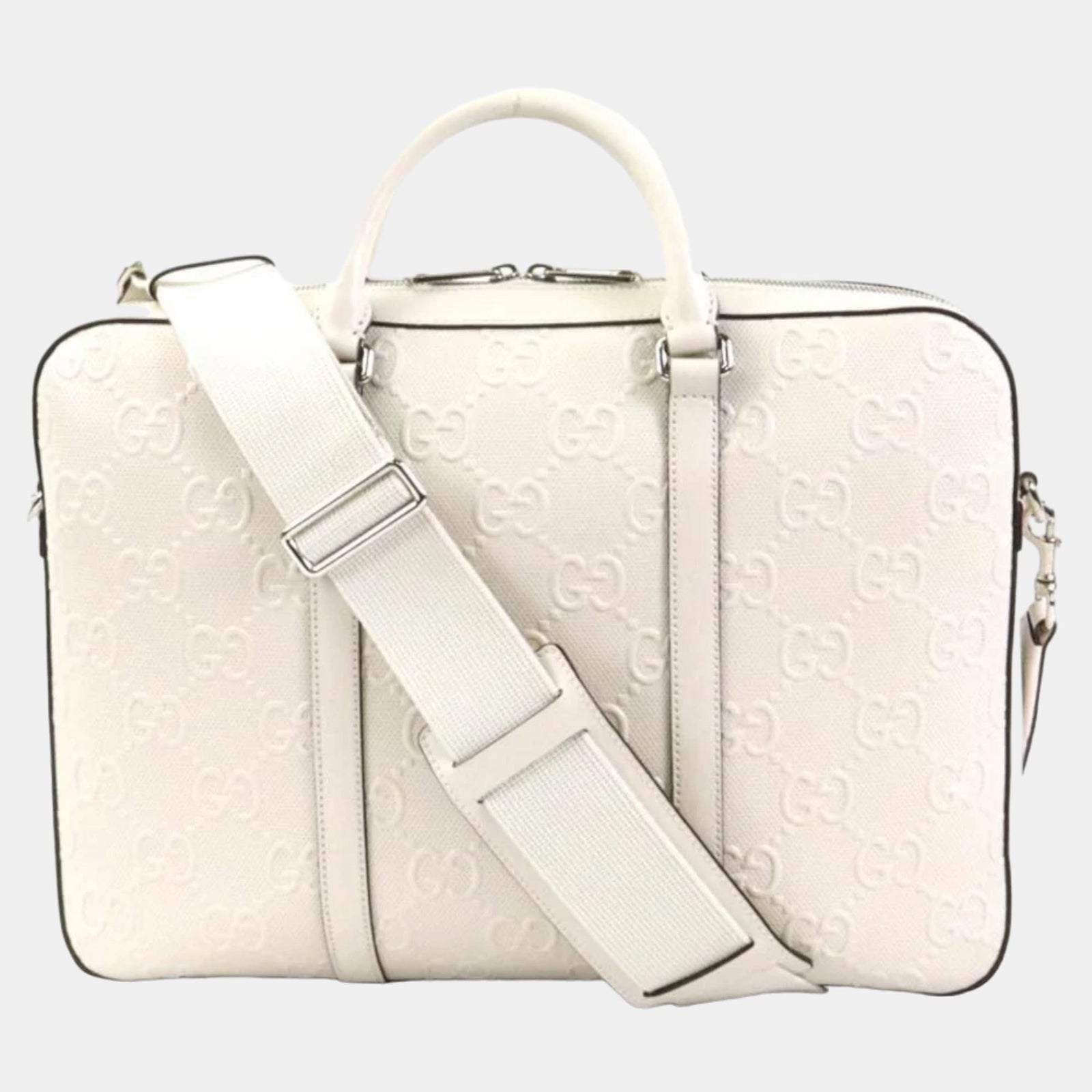 Gucci White GG Embossed Leather Duffle Bag