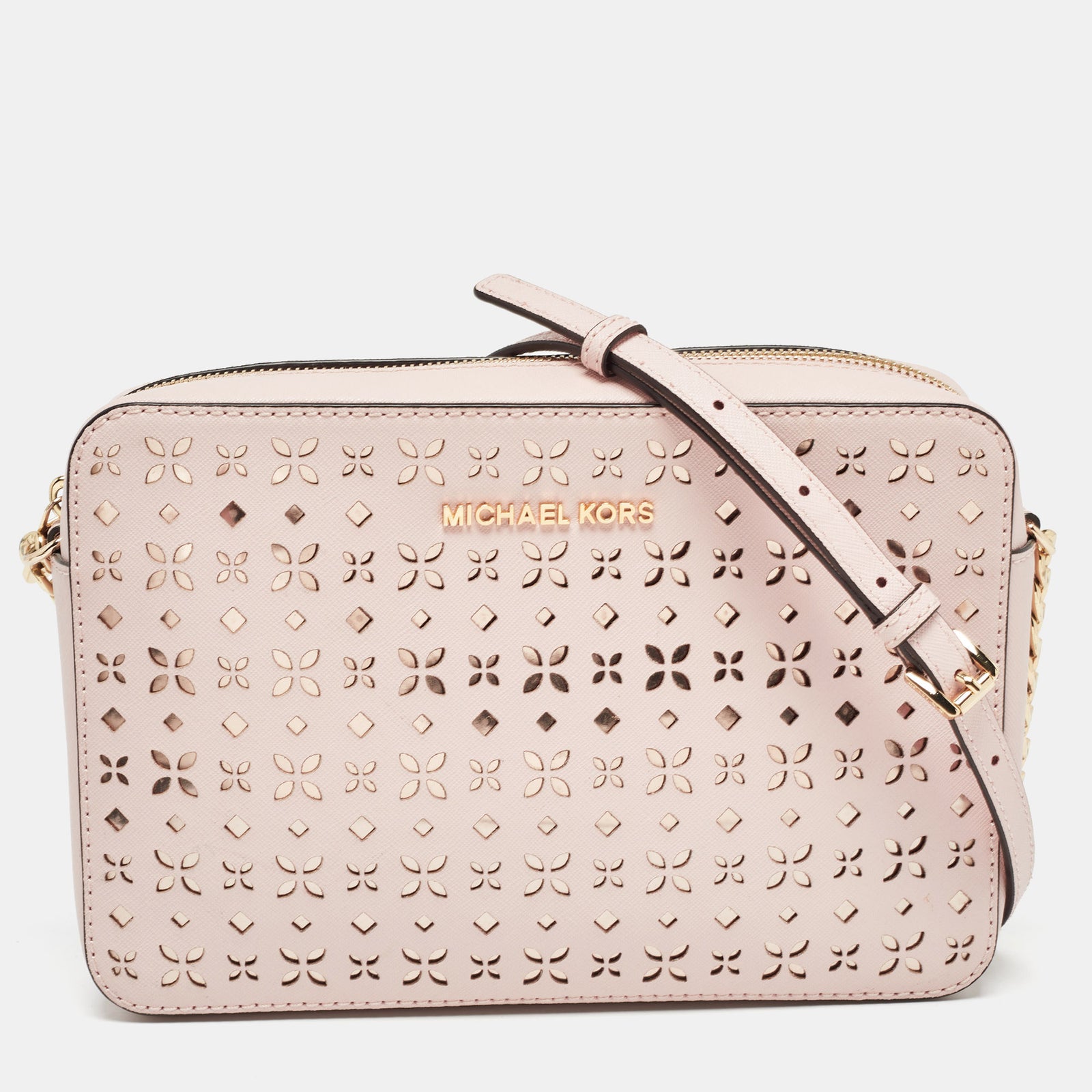 Michael Kors Light Pink Leather Lasercut East West Crossbody Bag