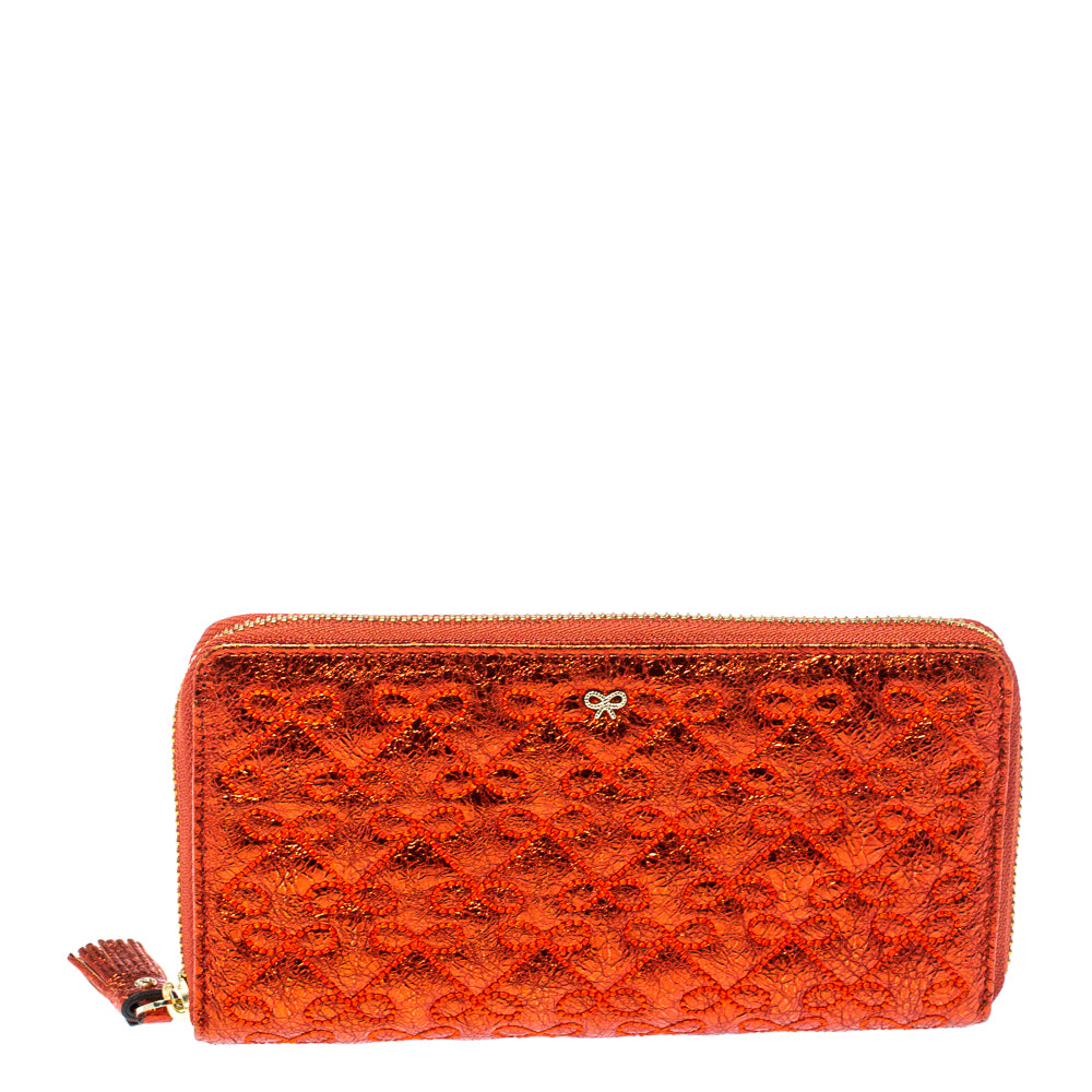 Anya Hindmarch Metallic Orange Textured Embossed Leather Zip Around Wallet