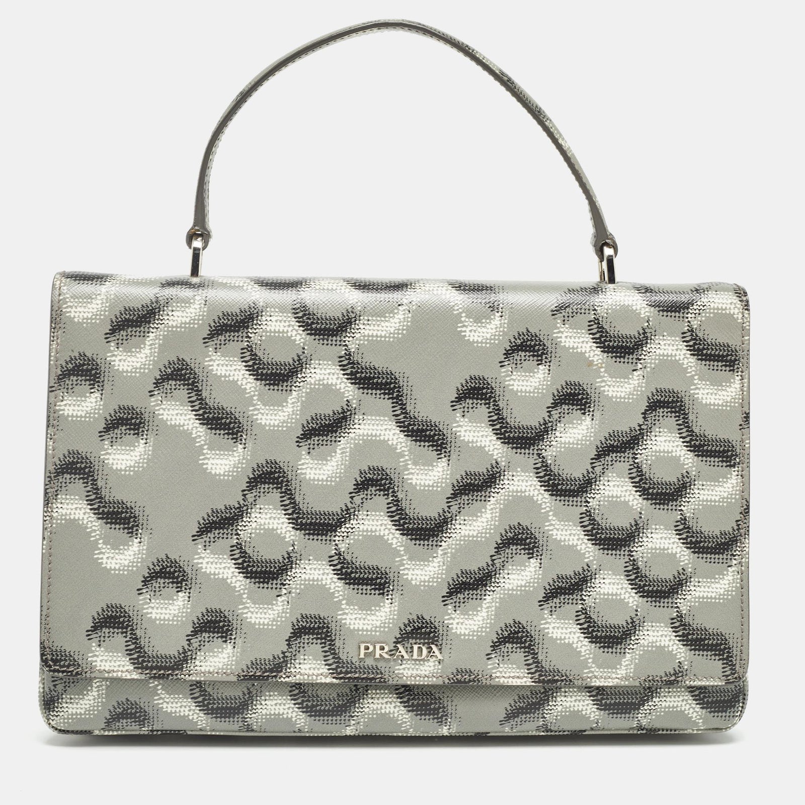 Prada Grey Molecule Print Leather Flap Top Handle Bag