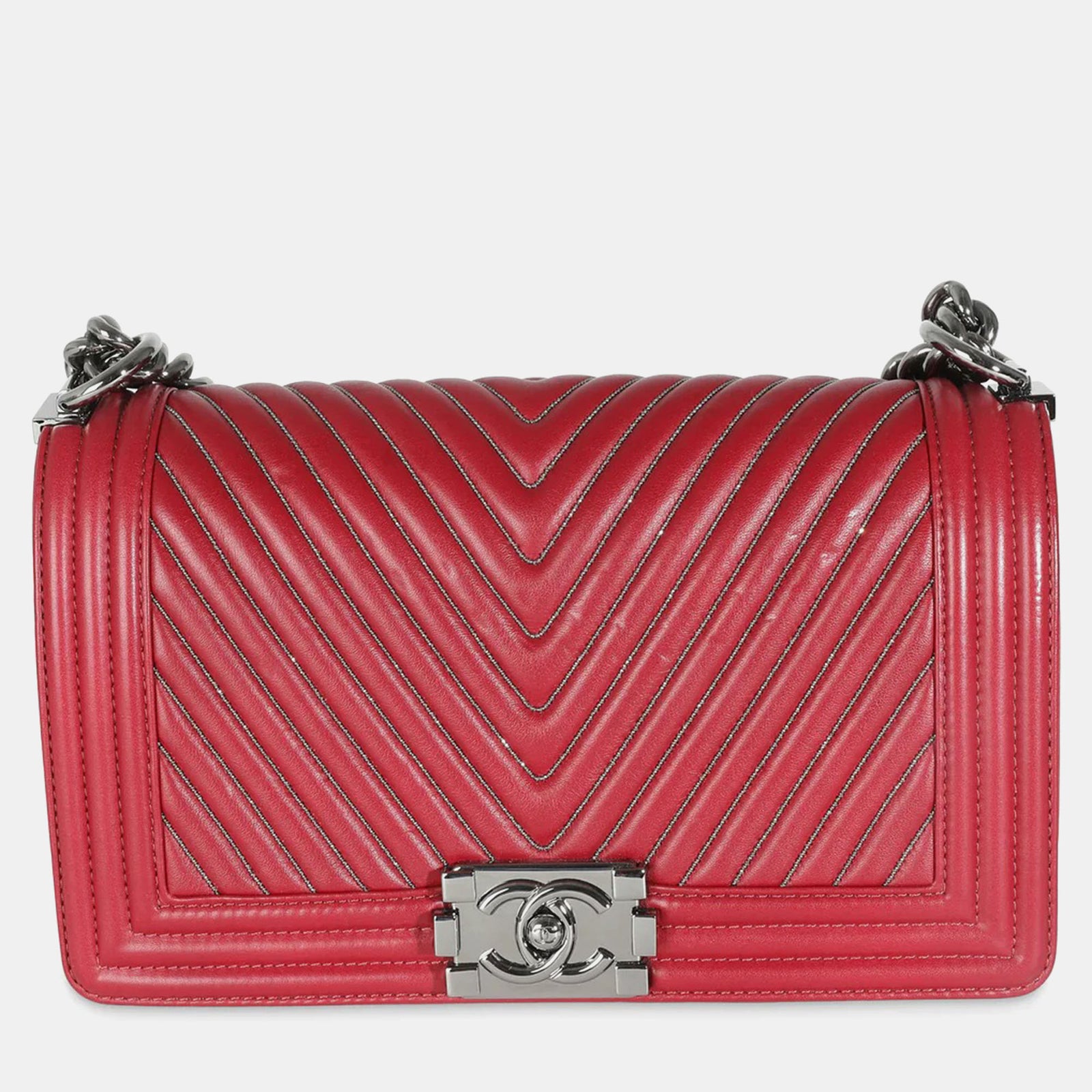 Chanel Sac bandoulière moyen pour garçon en cuir de veau bordeaux à chevrons et chaîne