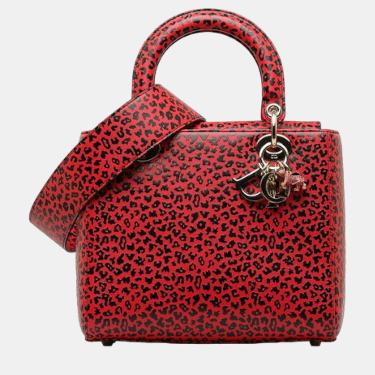 Dior Red/Black Leather Leopard Print Medium Lady Top Handle Bag