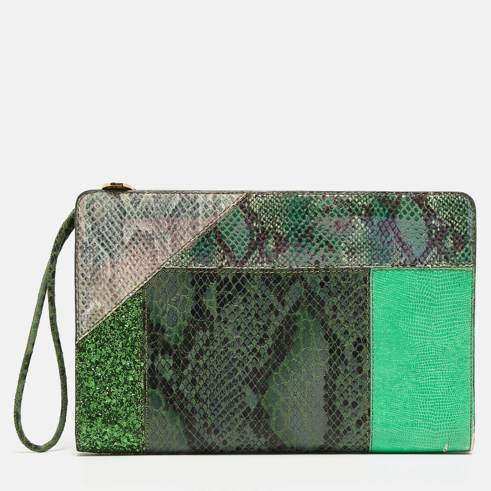 Stella McCartney Green Faux Python Embossed and Glitter Waverly Patchwork Clutch