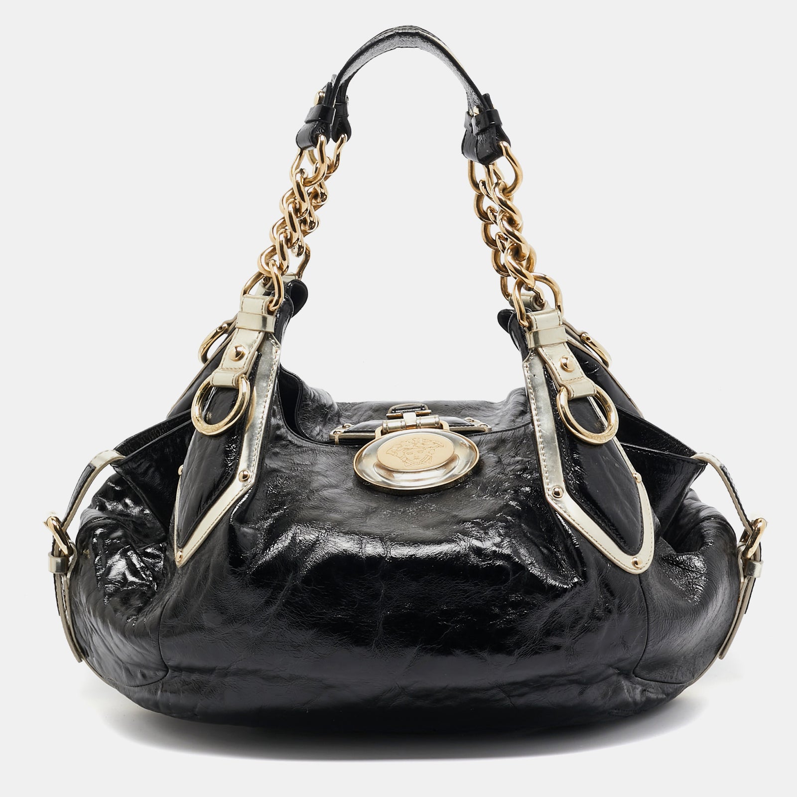 Versace Black/Gold Patent Leather Medussa Flap Hobo