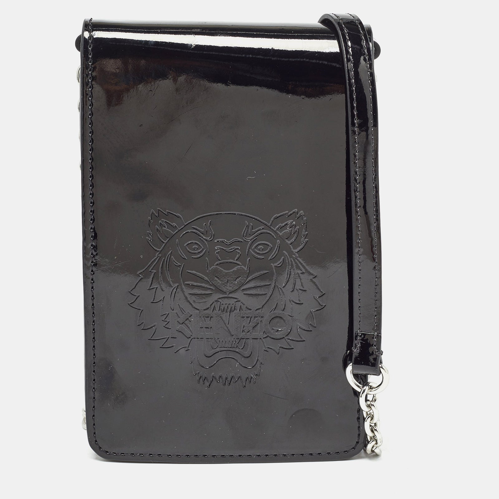 Kenzo Black Tiger Head Embossed Patent Leather Flap Crossbody Bag