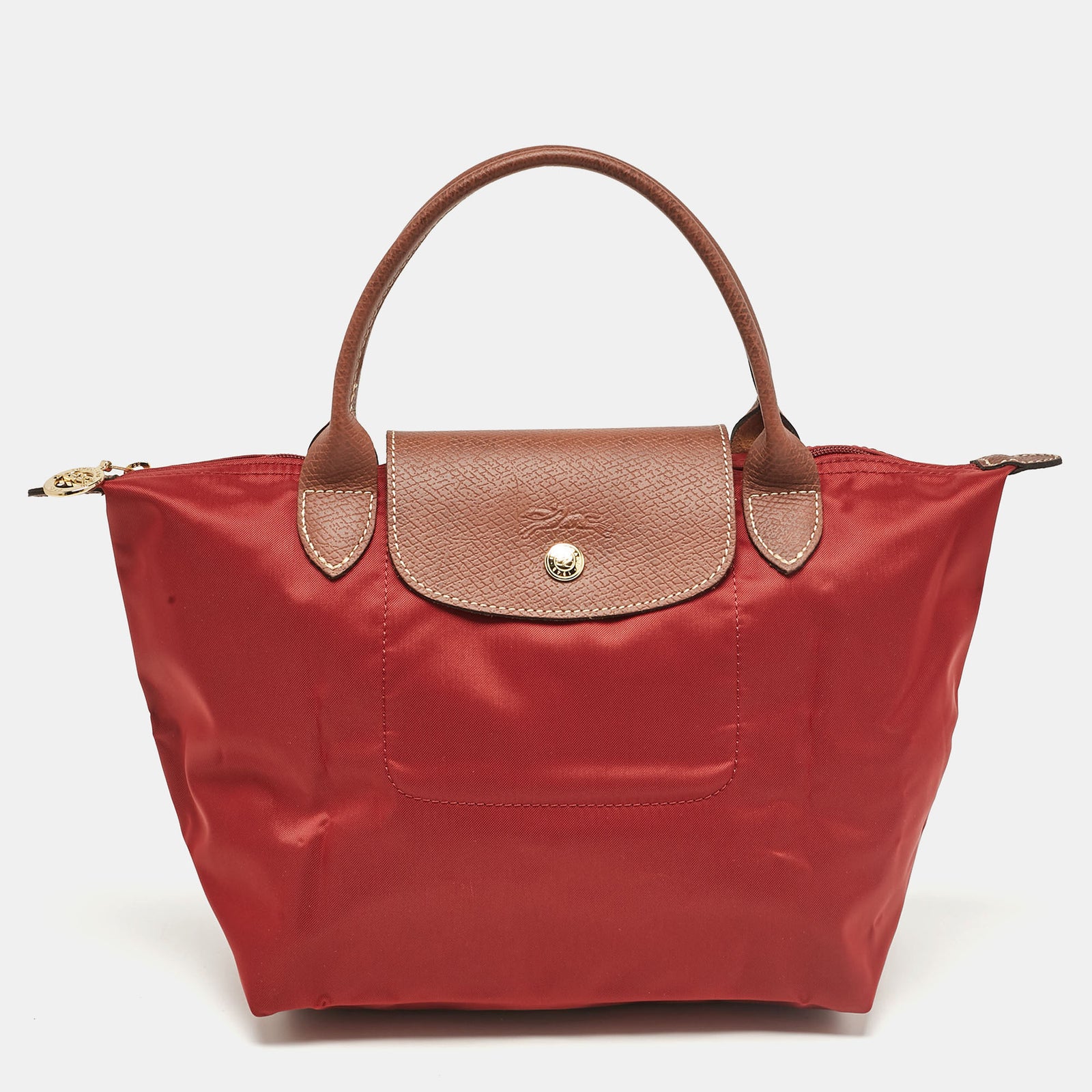 Longchamp Maroon Nylon and Leather Small Le Pliage Short Handle Tote