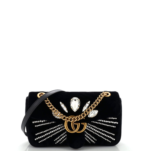 GUCCI GG Marmont Flap Bag Crystal Embellished Matelasse Velvet Medium