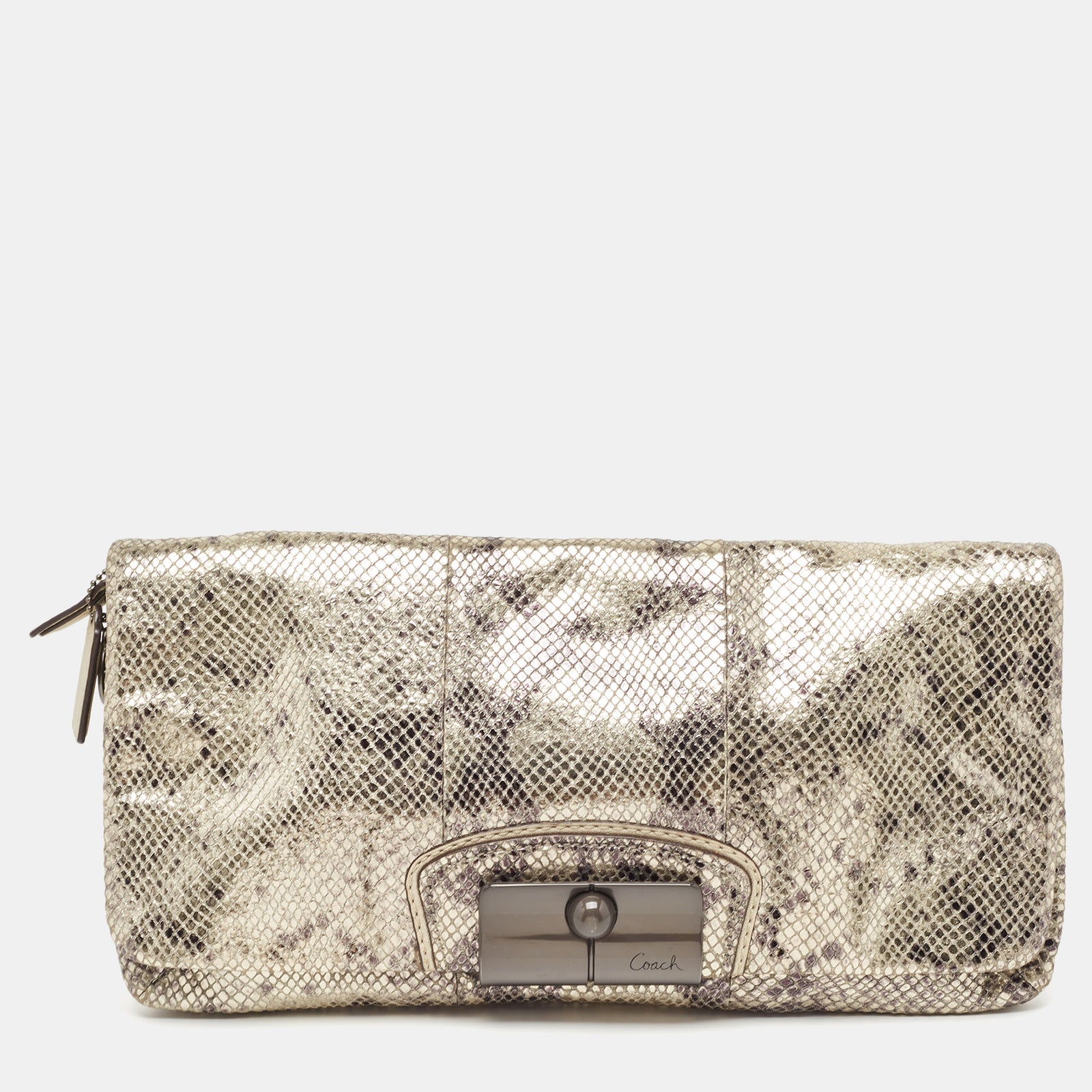 Coach Metallic Silver/Black Python Embossed Leather Flap Clutch