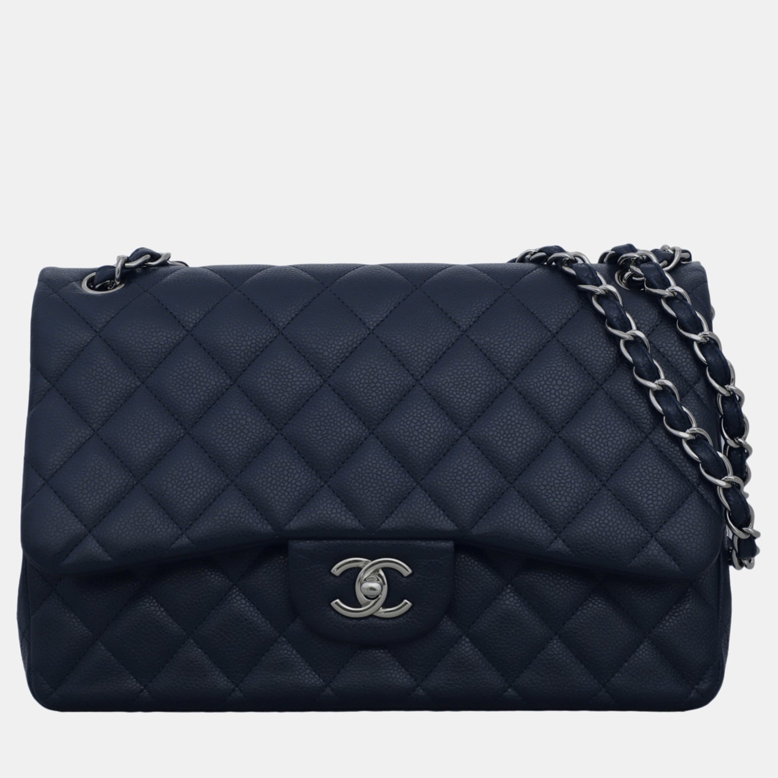 Chanel Sac à rabat double classique en cuir caviar bleu foncé