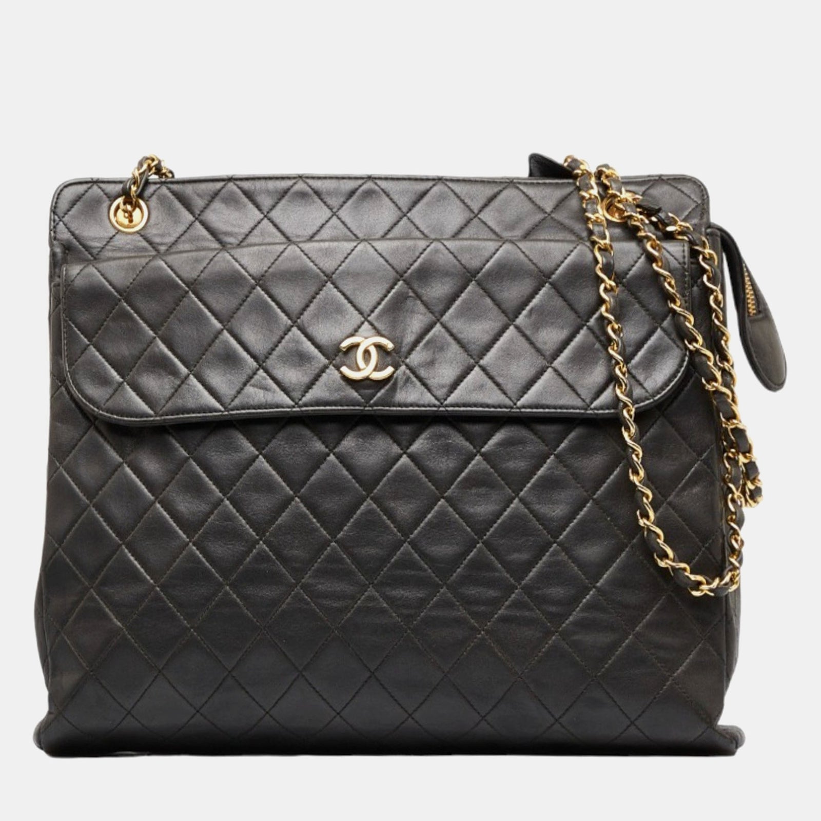 Chanel Schwarze CC-Umhängetasche aus gestepptem Leder mit Kette