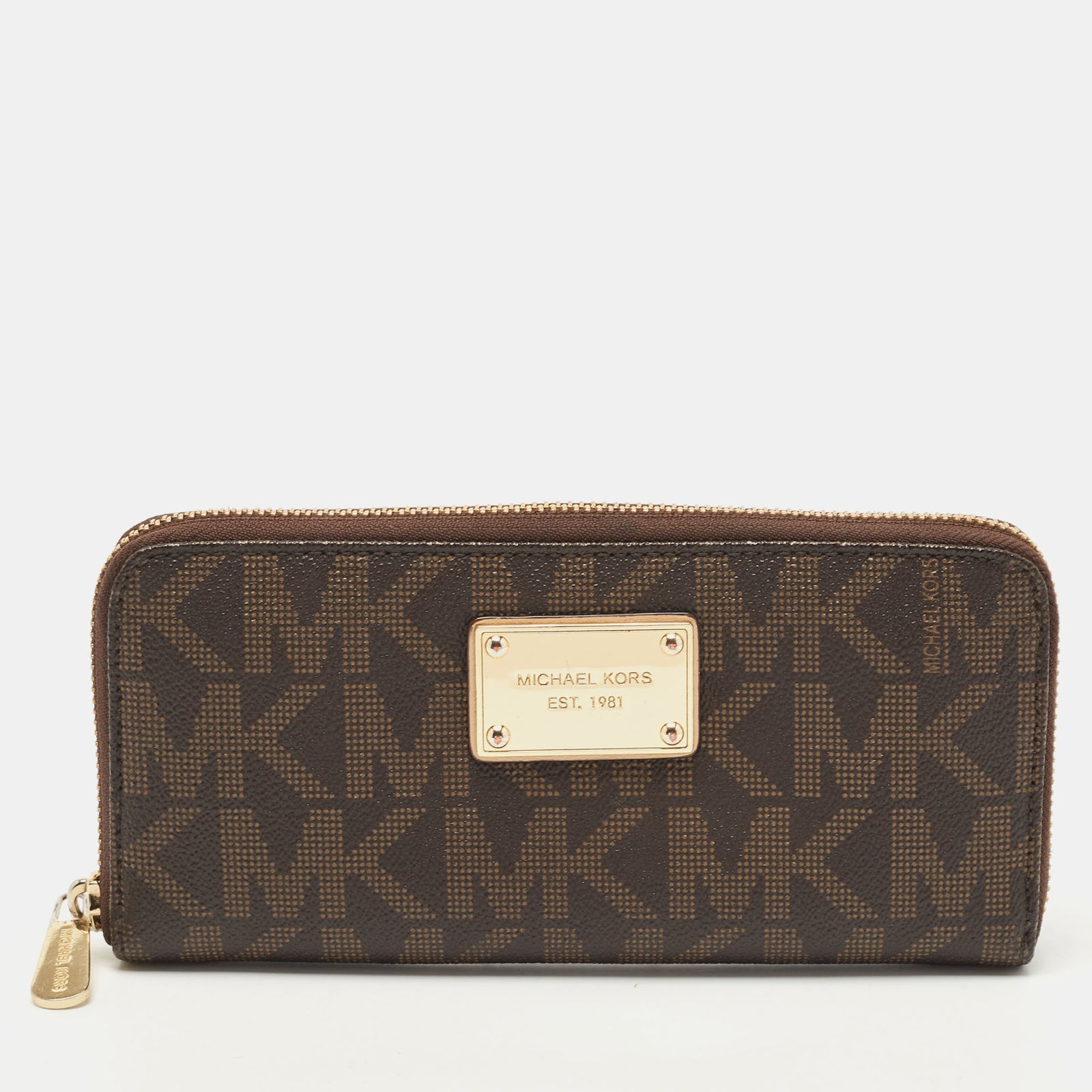 Michael Kors Dark Brown Monogram Coated Canvas Zip Around Wallet