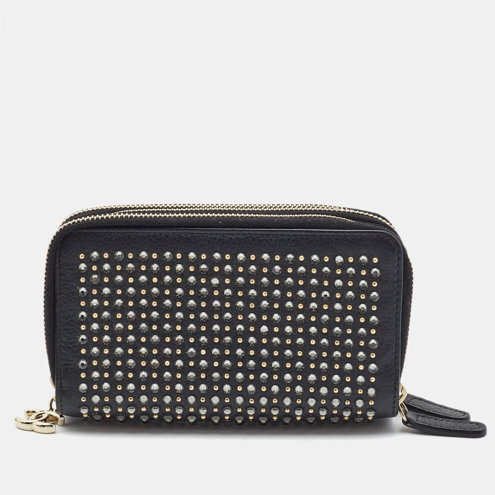 Chanel Support de téléphone en cuir noir avec cristaux et motif taureau