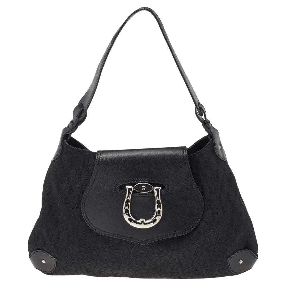 Aigner Black Signature Canvas and Leather Hobo