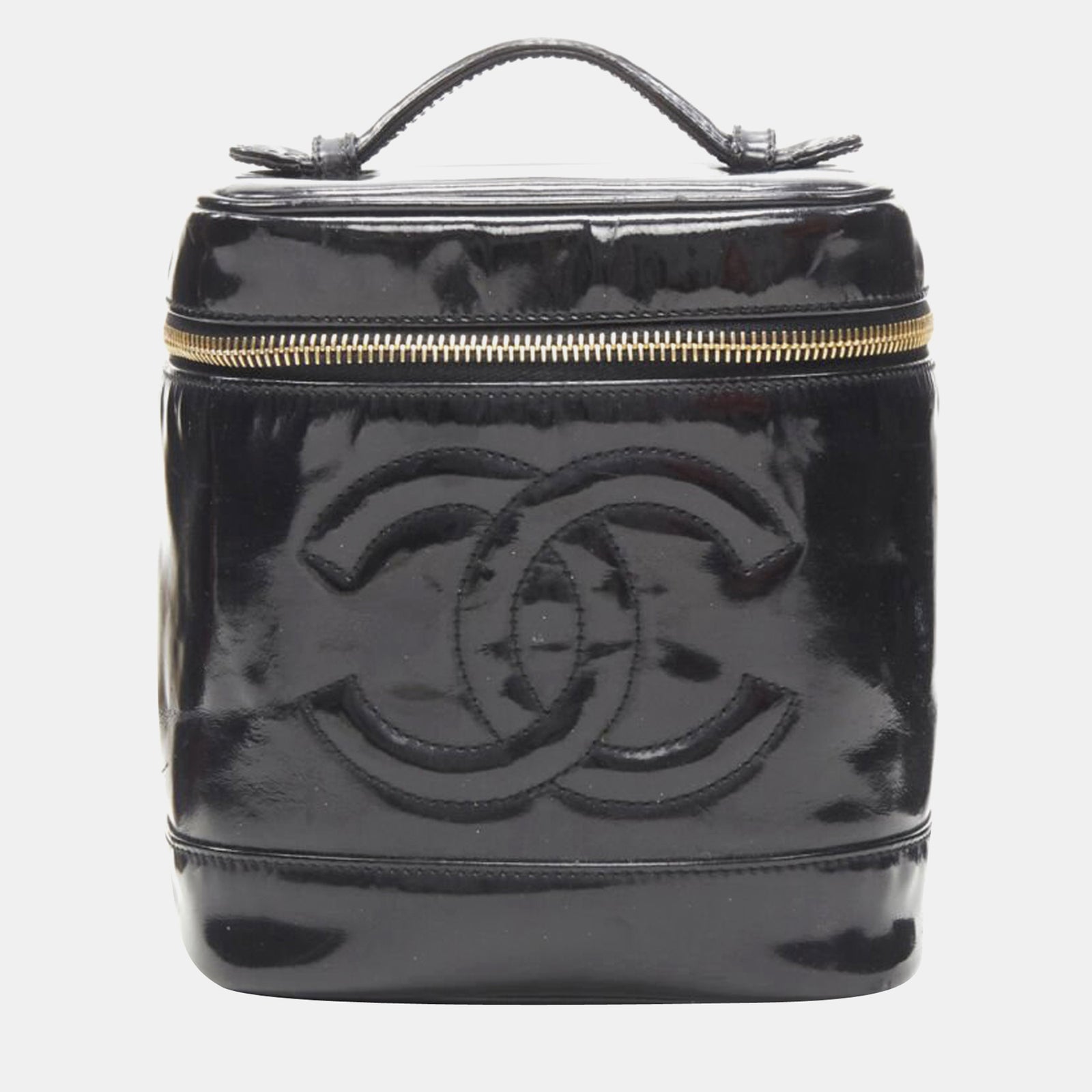 Chanel Kosmetiktasche mit CC-Logo aus schwarzem Lackleder im Vintage-Stil und Henkel