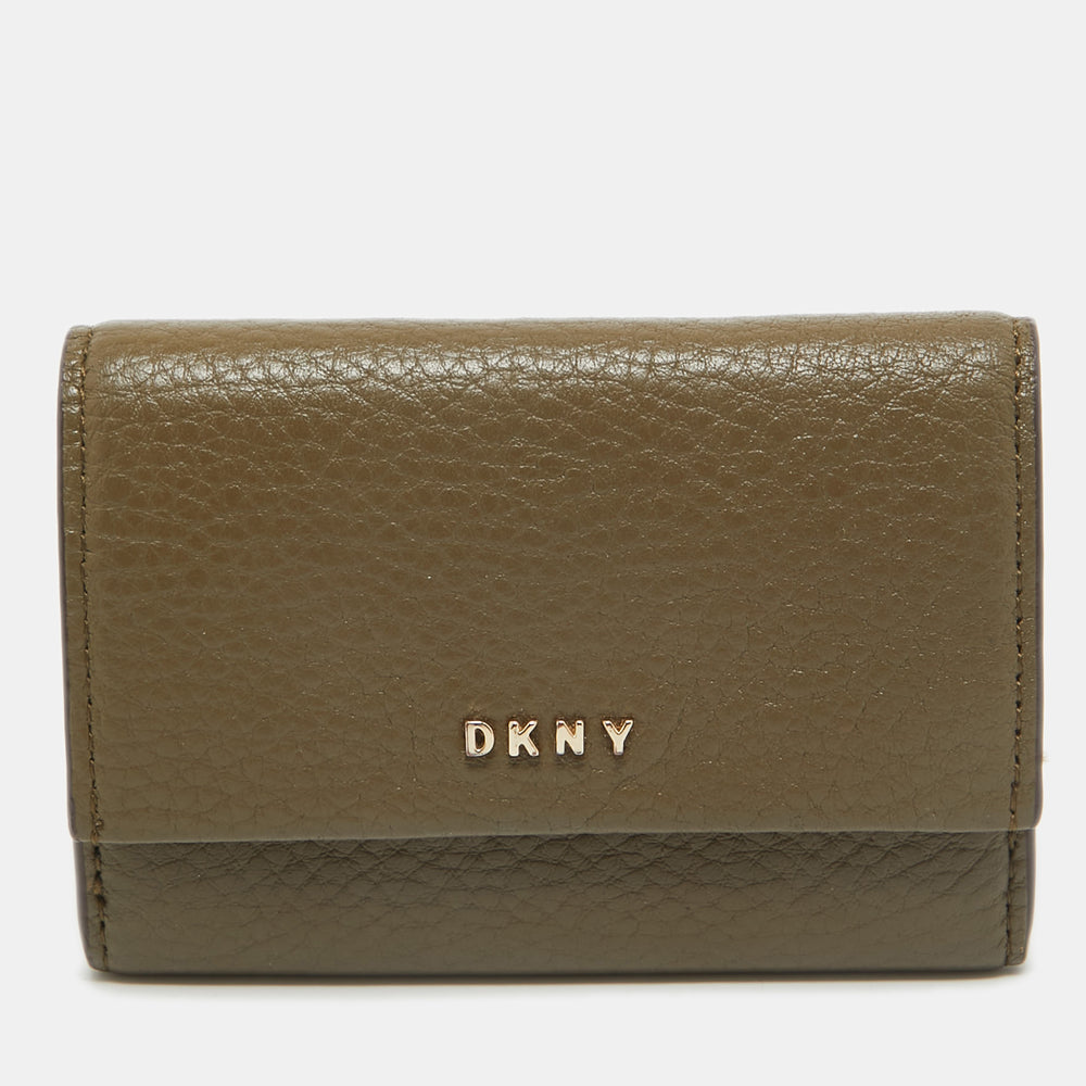 DKNY Olive Green Leather Flap Compact Wallet