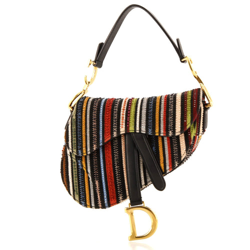 Saddle Handbag Embroidered Striped Canvas Mini