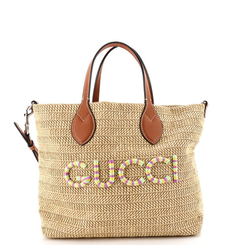GUCCI Logo Plaque Convertible Tote Raffia Small