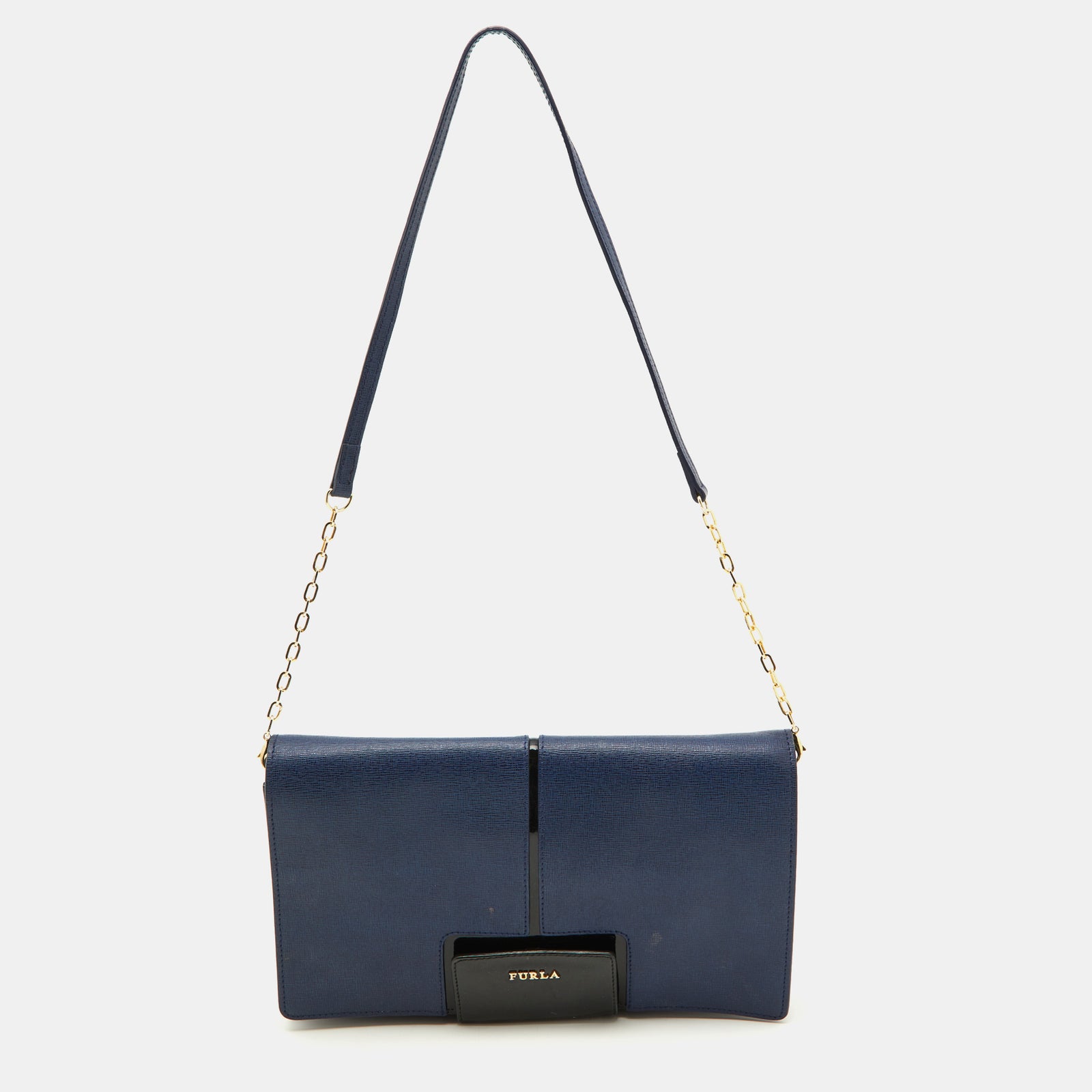 Furla Blue/Black Leather Flap Chain Shoulder Bag