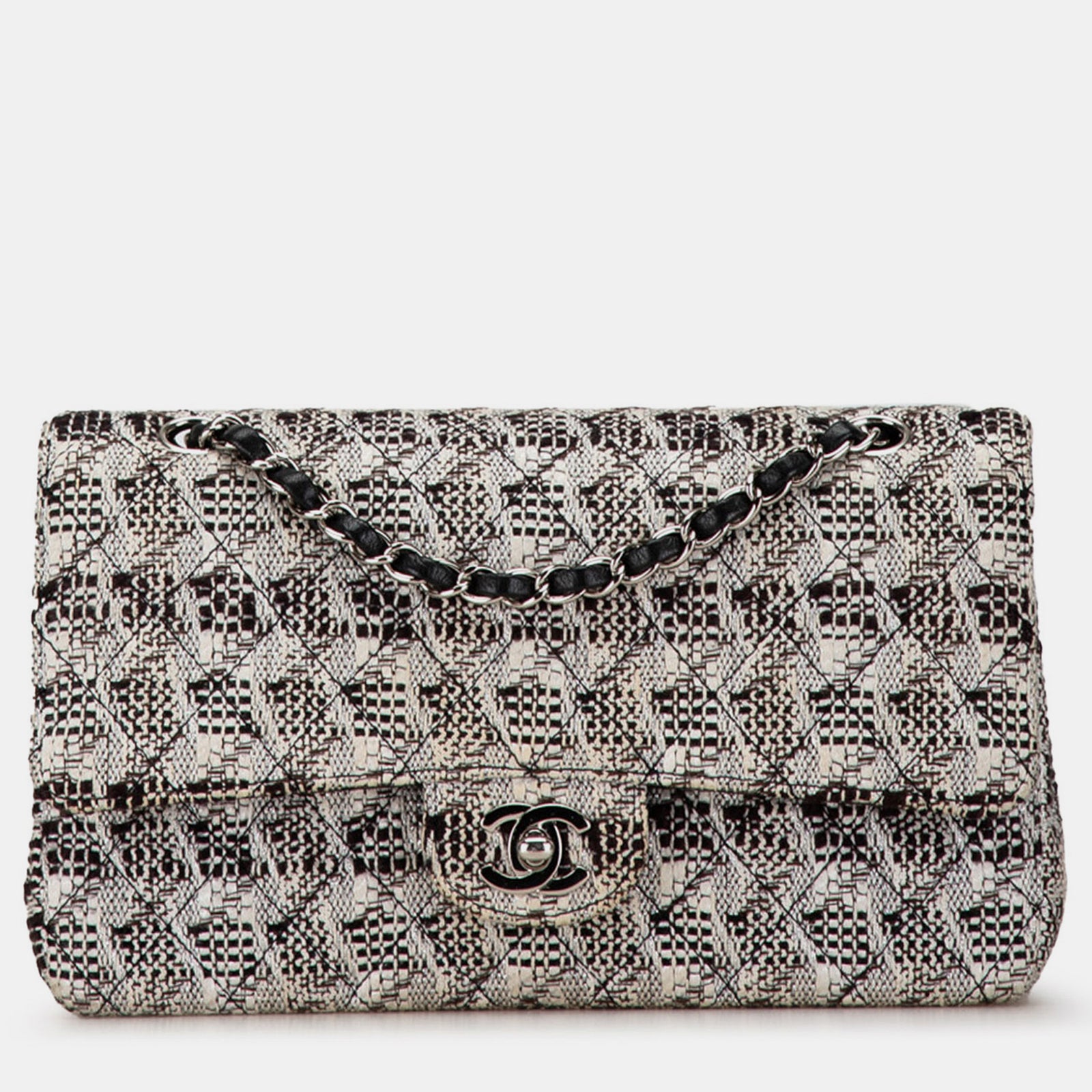 Chanel Klassische mittelgroße Tasche aus schwarzem Tweed mit Doppelklappe