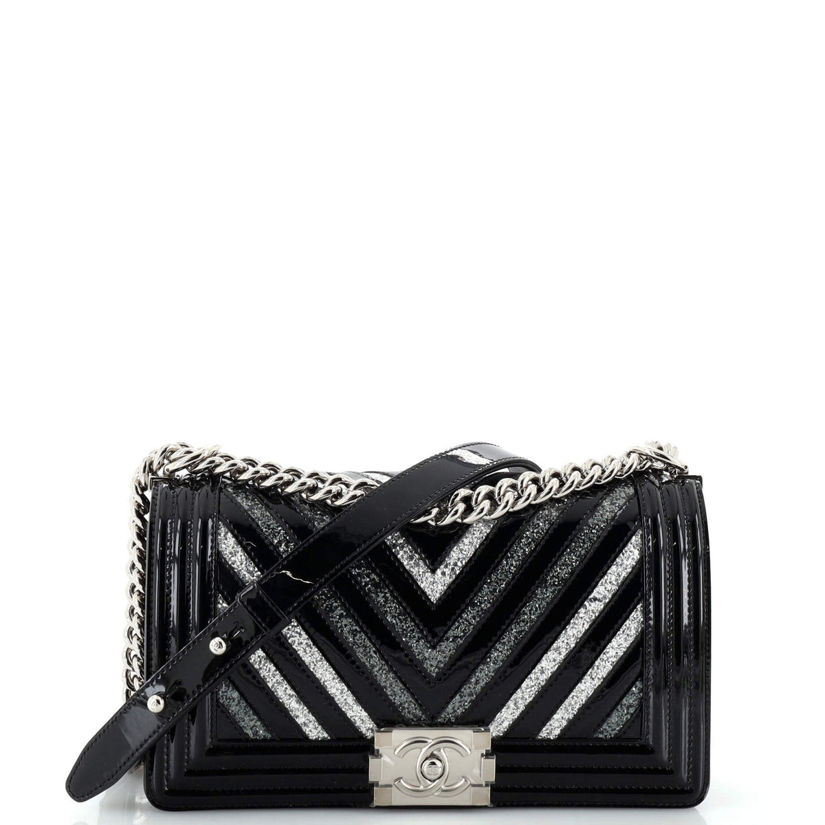 Chanel CHANEL Boy Flap Bag Chevron Patent with Glitter PVC Old Medium