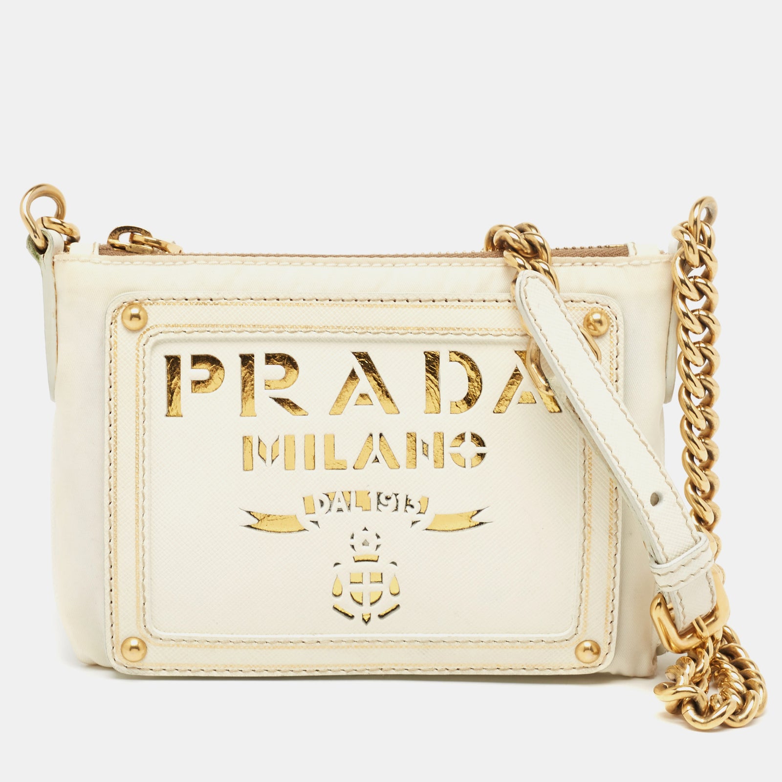 Prada Off White/Gold Nylon and Leather Oro Chain Crossbody Bag