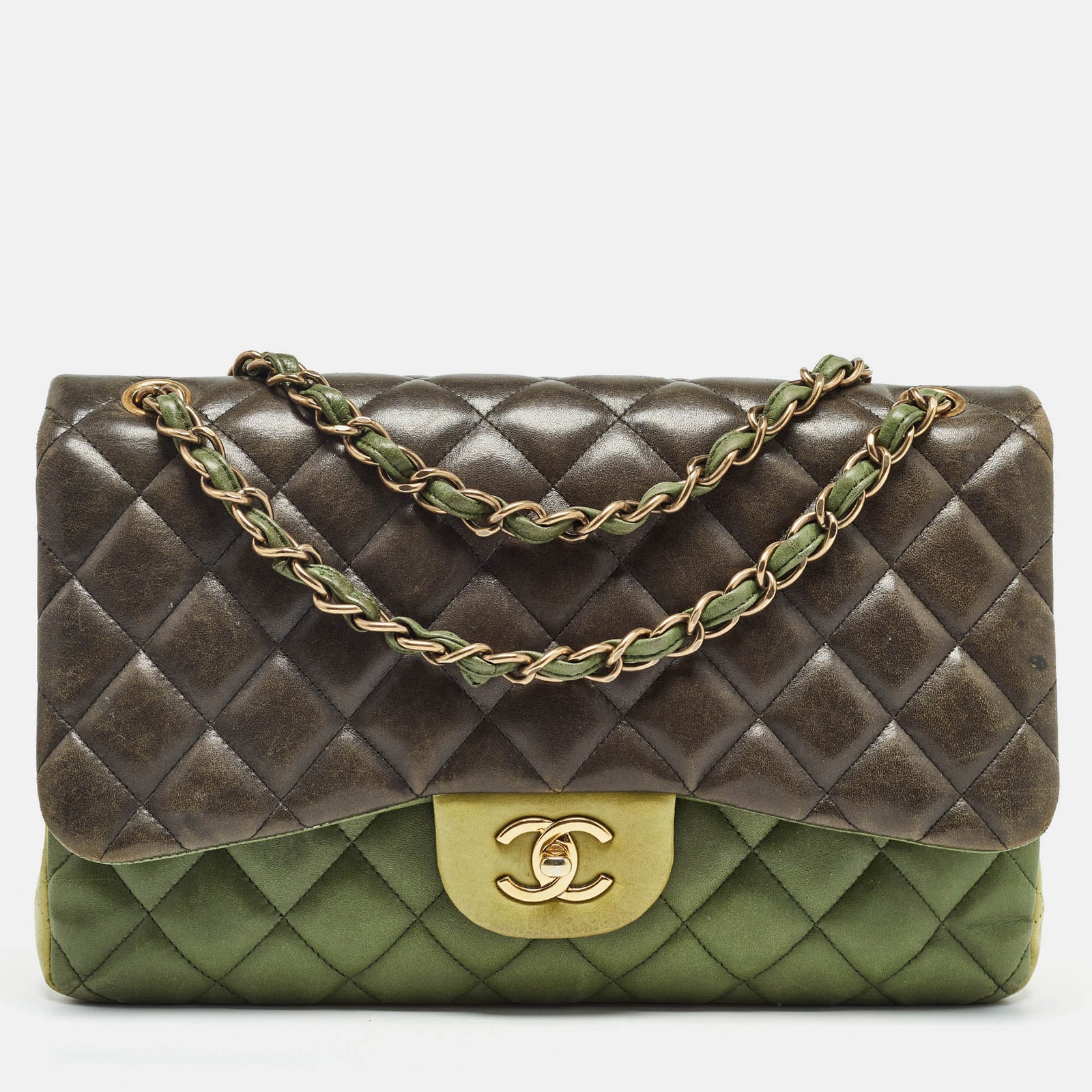 Chanel Sac à rabat double classique en cuir matelassé tricolore