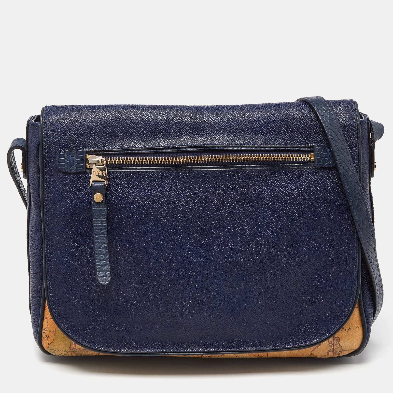 Alviero Martini 1a Classe Tan/Blue Geo Print Coated Canvas and Leather Crossbody Bag