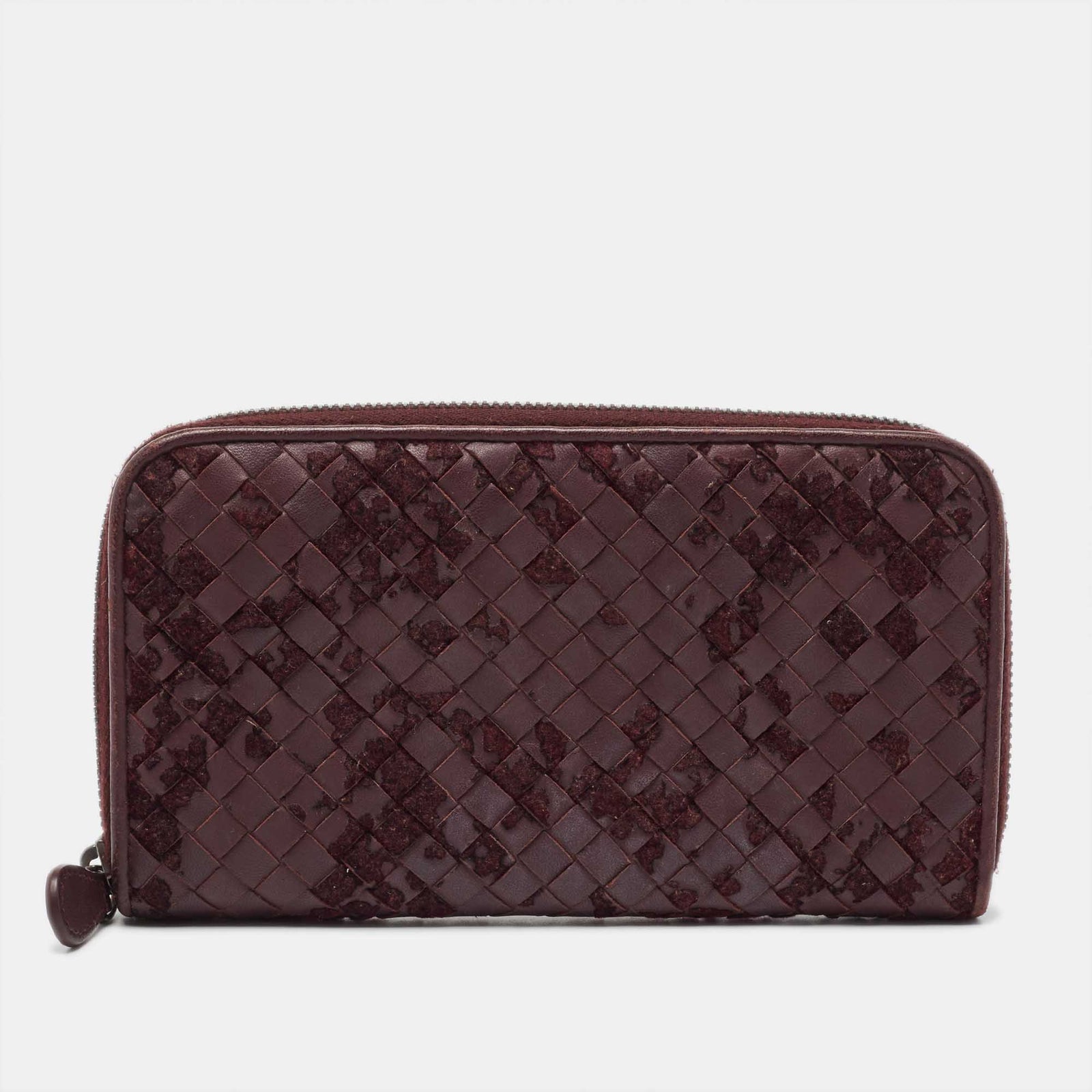 Bottega Veneta Burgundy Intrecciato Leather and Velvet Zip Around Wallet