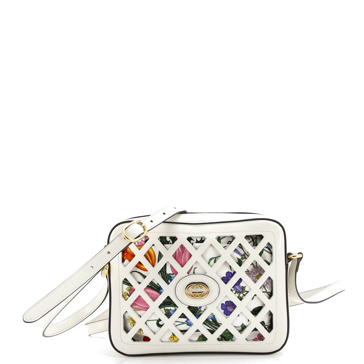 Gucci GUCCI Camera Crossbody Bag Cutout Leather with Flora Canvas Small