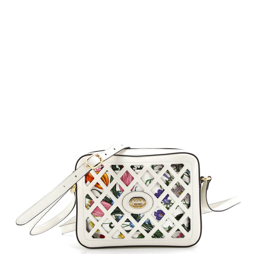 GUCCI Camera Crossbody Bag Cutout Leather with Flora Canvas Small