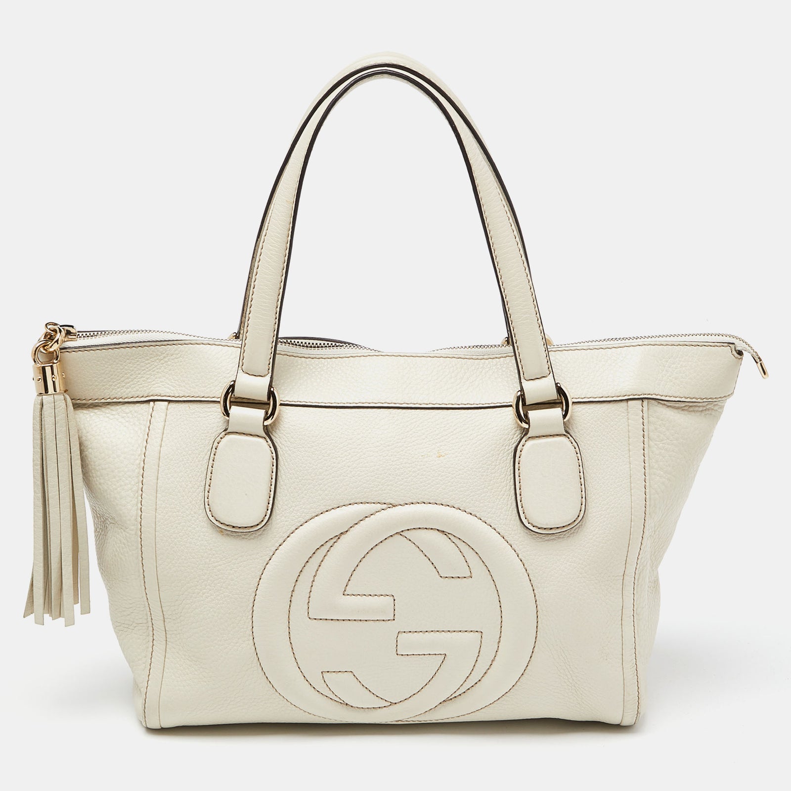 Gucci Cream Leather Soho Zip Tassel Tote