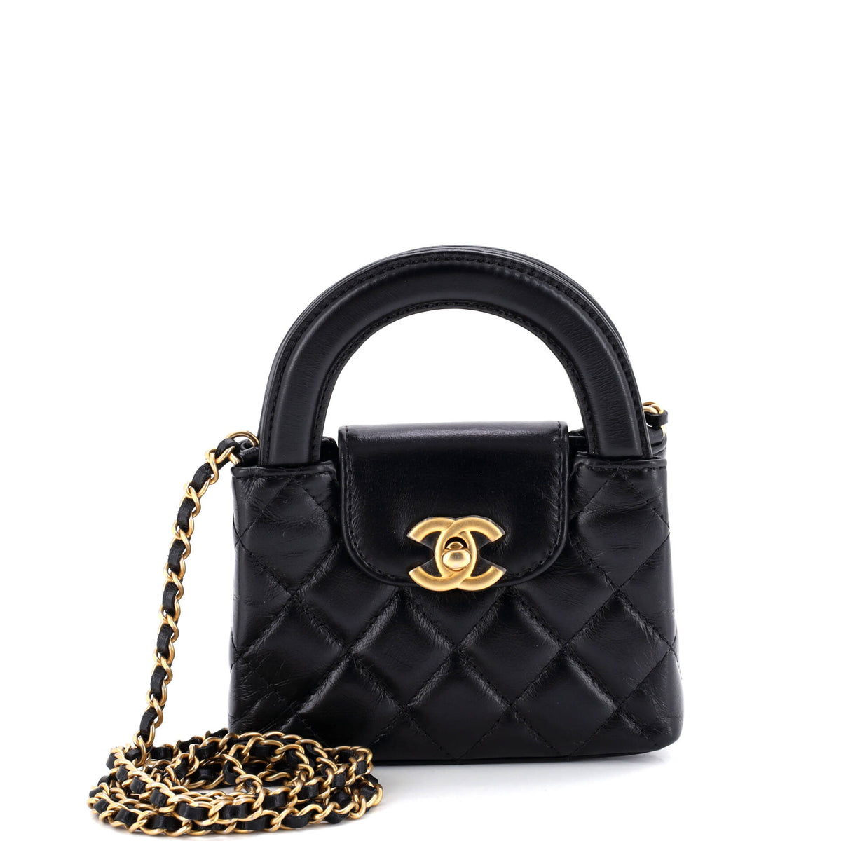 Chanel CHANEL Kelly Top Handle Shopping Bag Quilted Shiny Aged Calfskin Nano