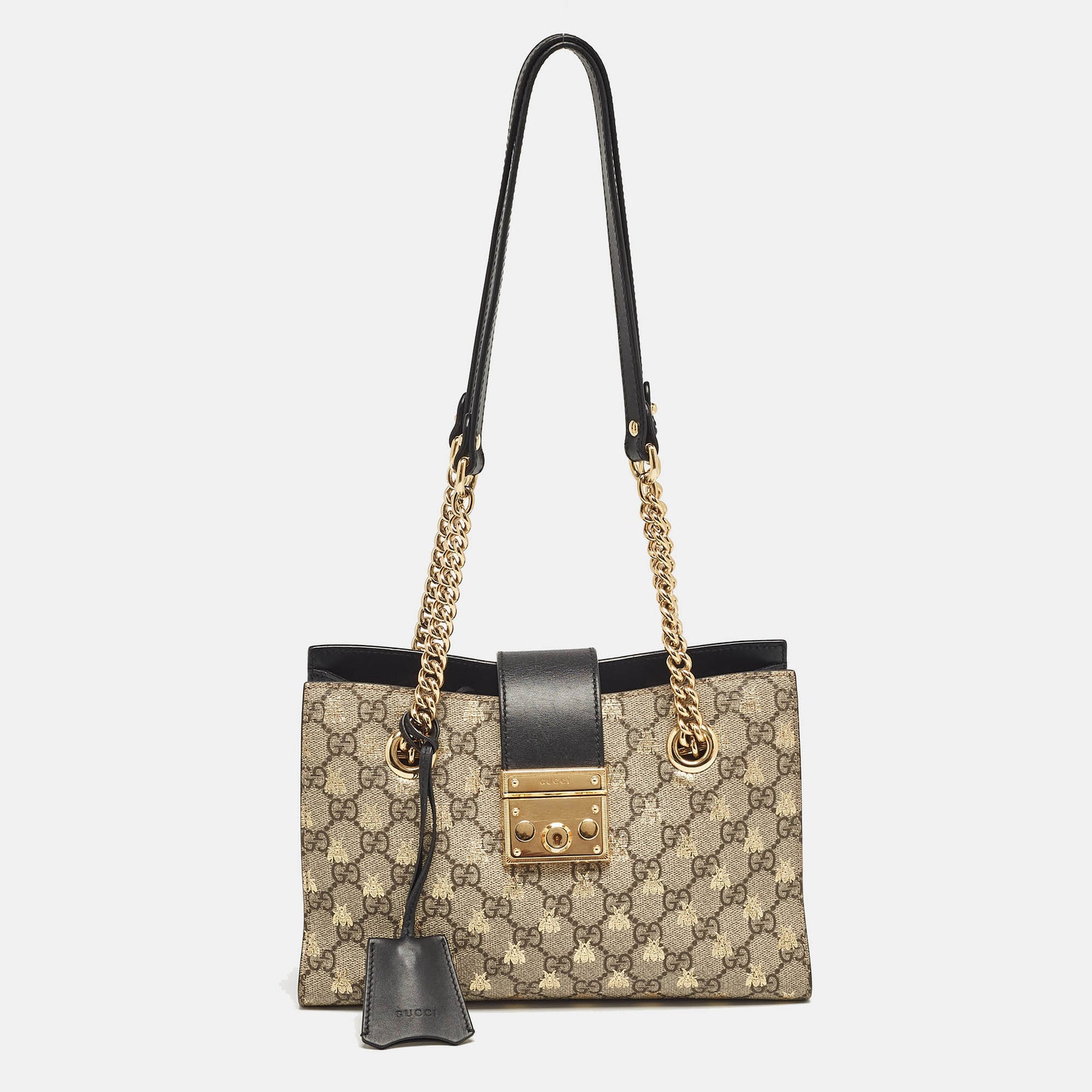 Gucci Petit sac fourre-tout en toile et cuir suprême GG noir/beige avec cadenas et abeille