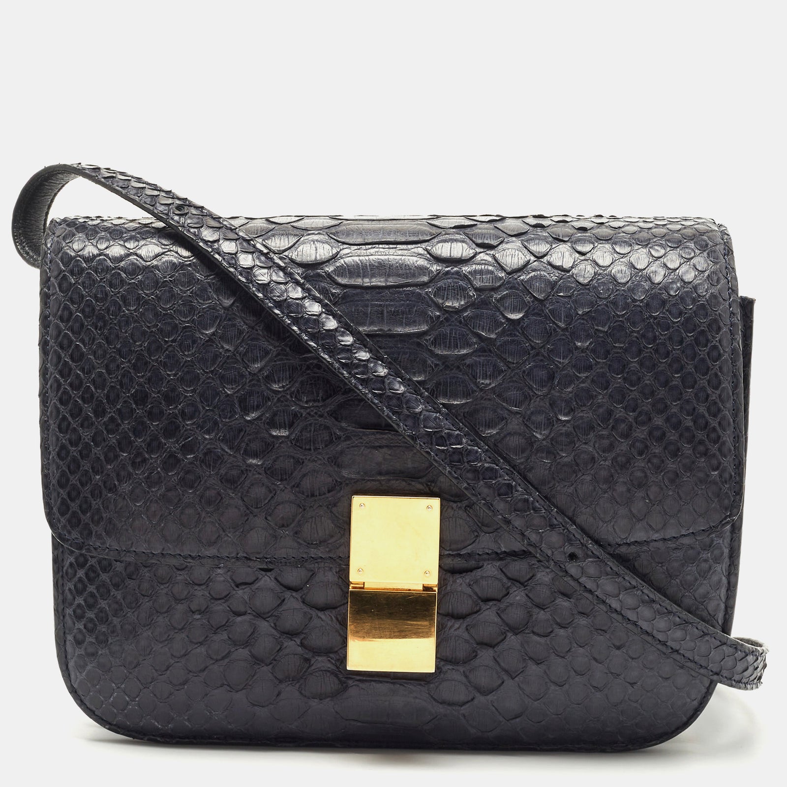 Celine Navy Blue Python Medium Classic Box Shoulder Bag