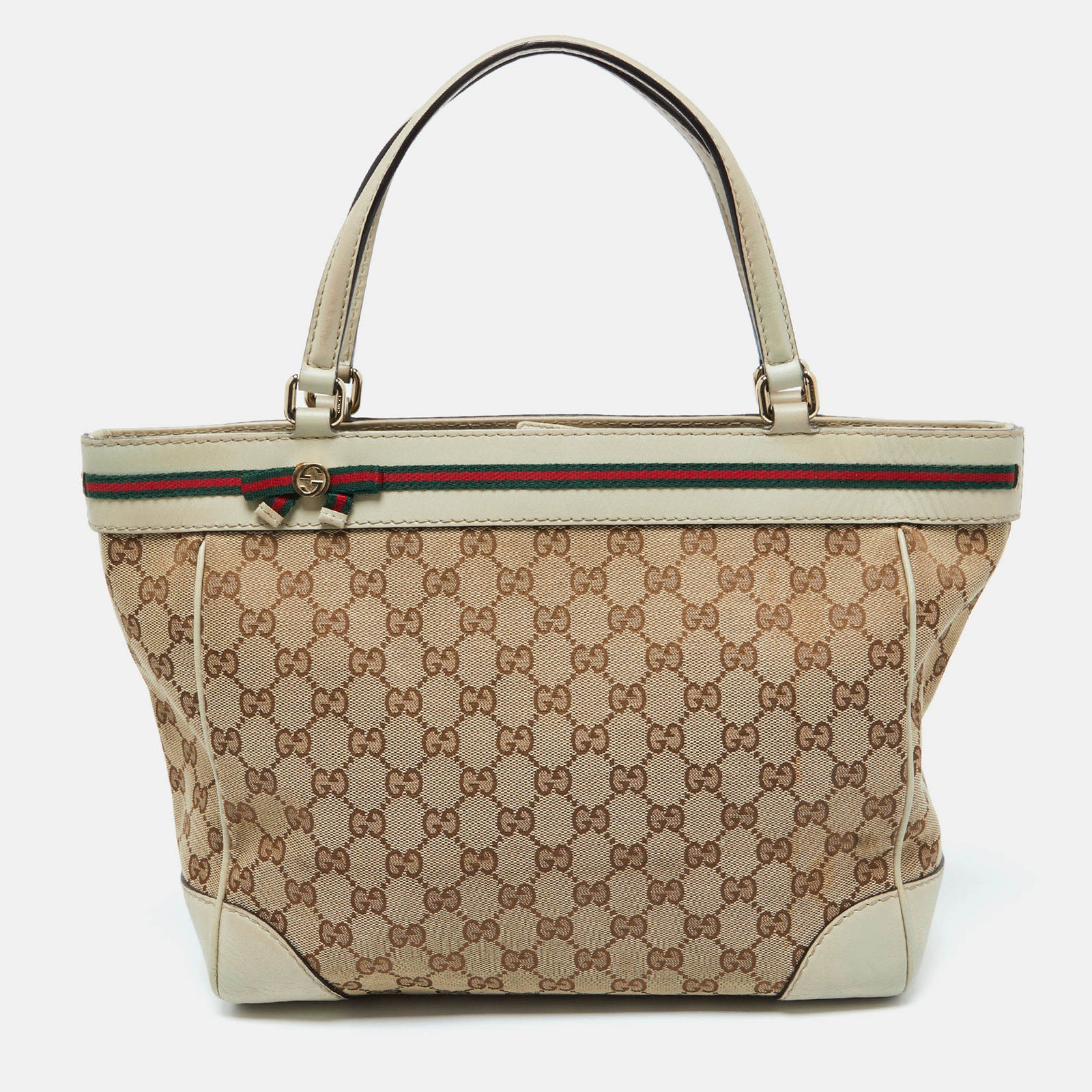 Gucci Sac fourre-tout Mayfair Bow de taille moyenne en toile GG marron/beige et cuir