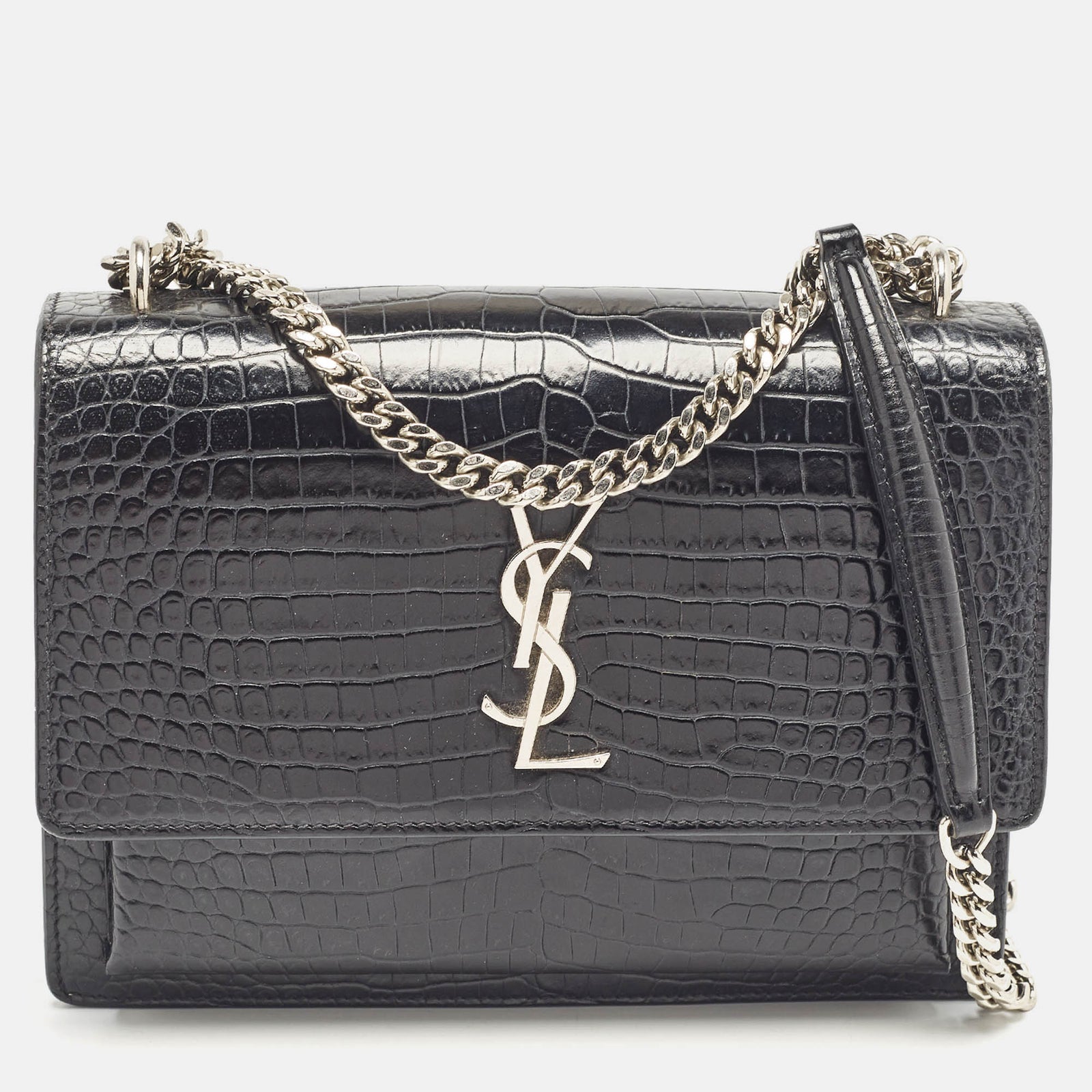 Saint Laurent Paris Saint Laurent Black Croc Embossed Leather Medium Sunset Shoulder Bag