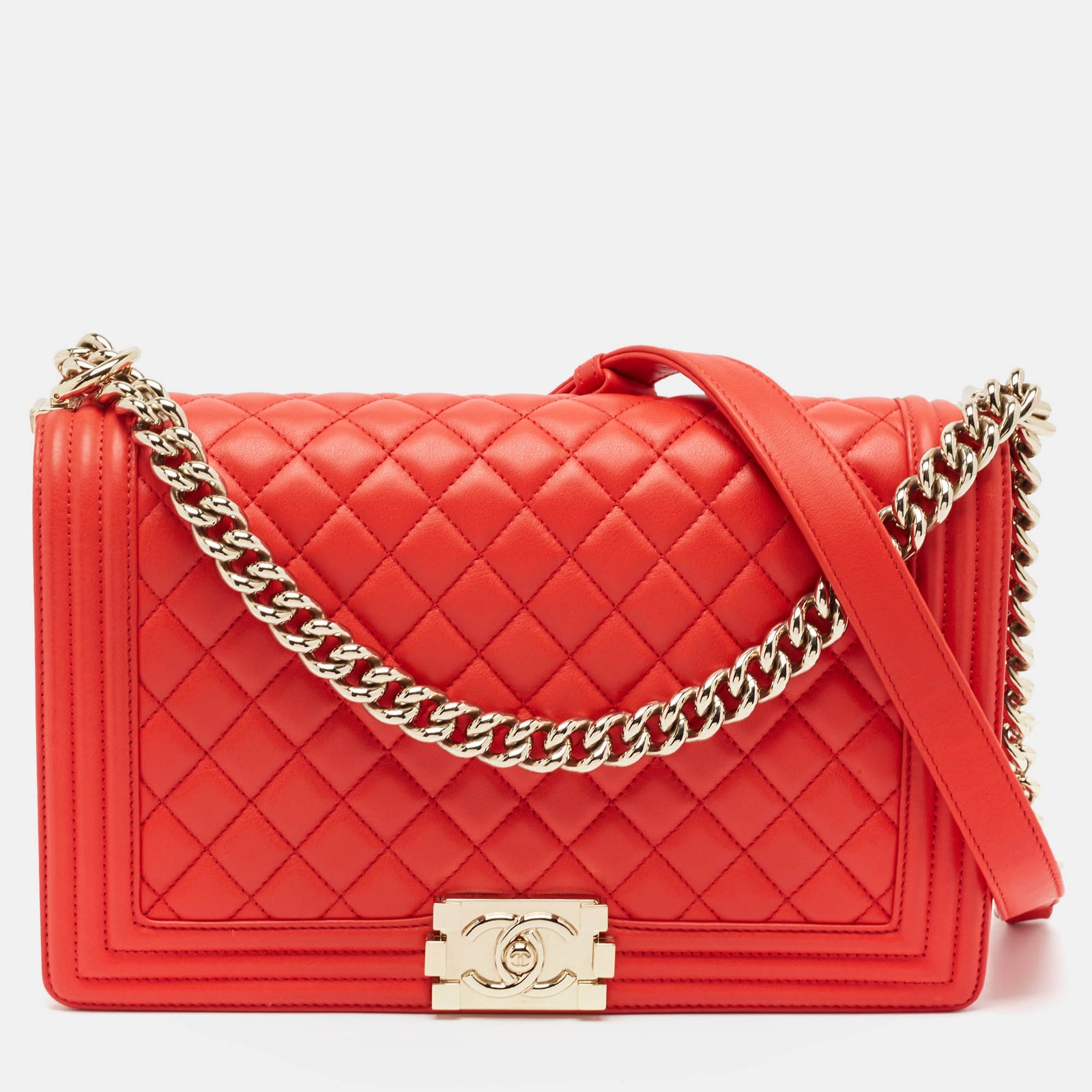 Chanel Rote, mittelgroße New Boy-Tasche aus gestepptem Leder