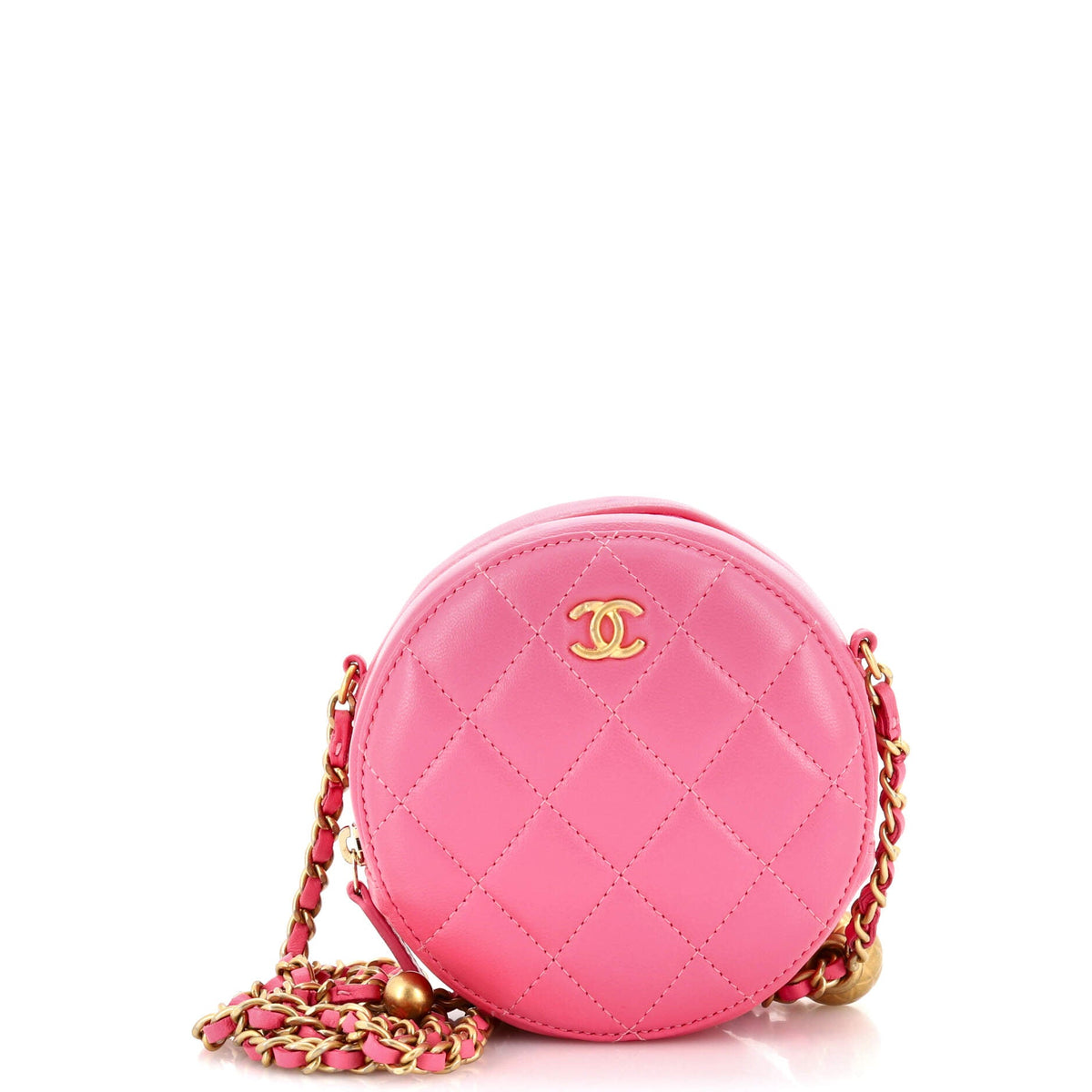 Chanel CHANEL Pearl Crush Round Clutch with Chain Quilted Lambskin